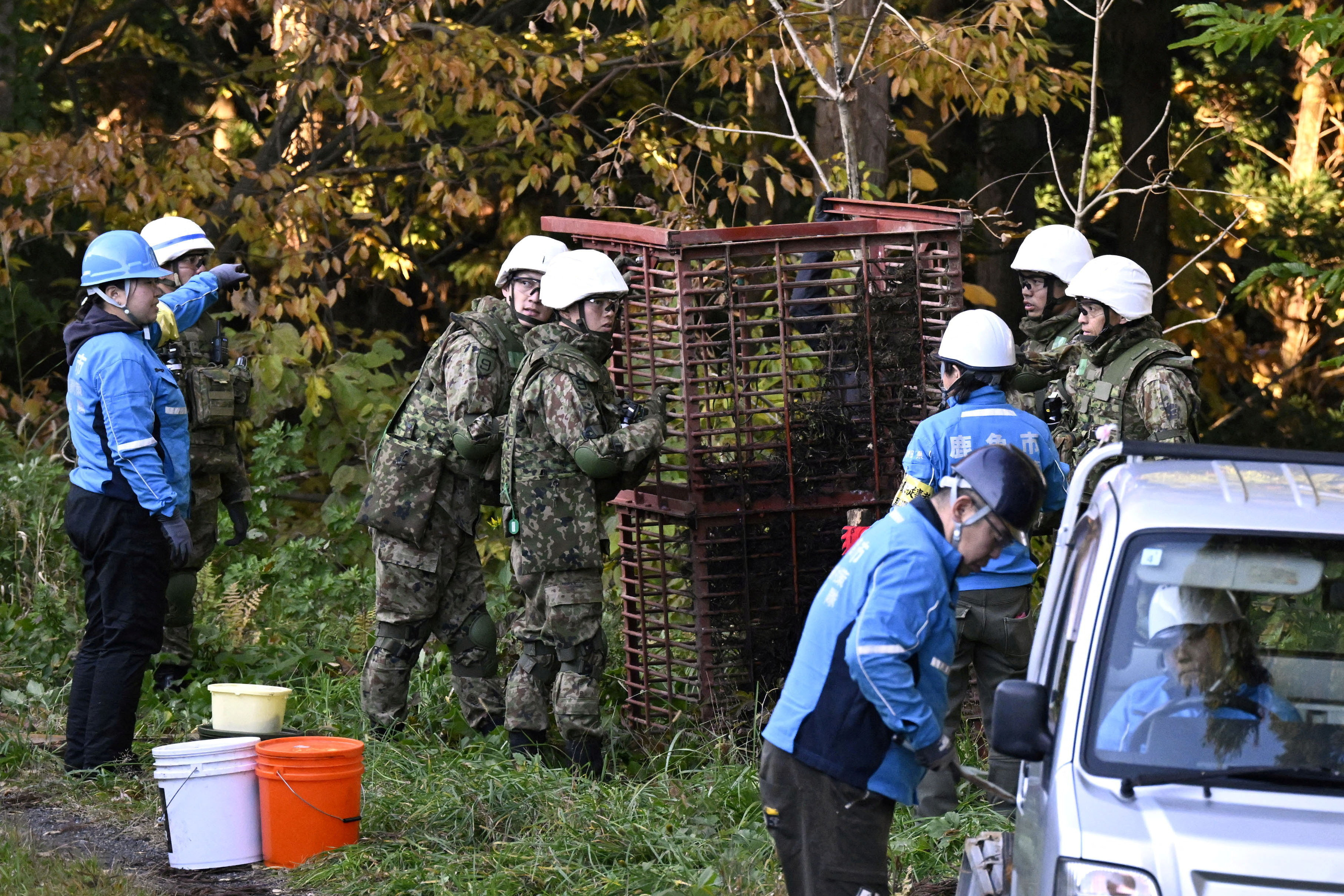Members of Japan Self-Defense Forces (JSDF) set up a bear trap in Kazuno