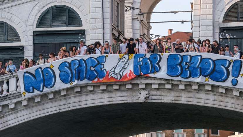 FILE PHOTO: Venice protesters hang anti-Bezos banner on the Rialto Bridge ahead of billionaire's wedding