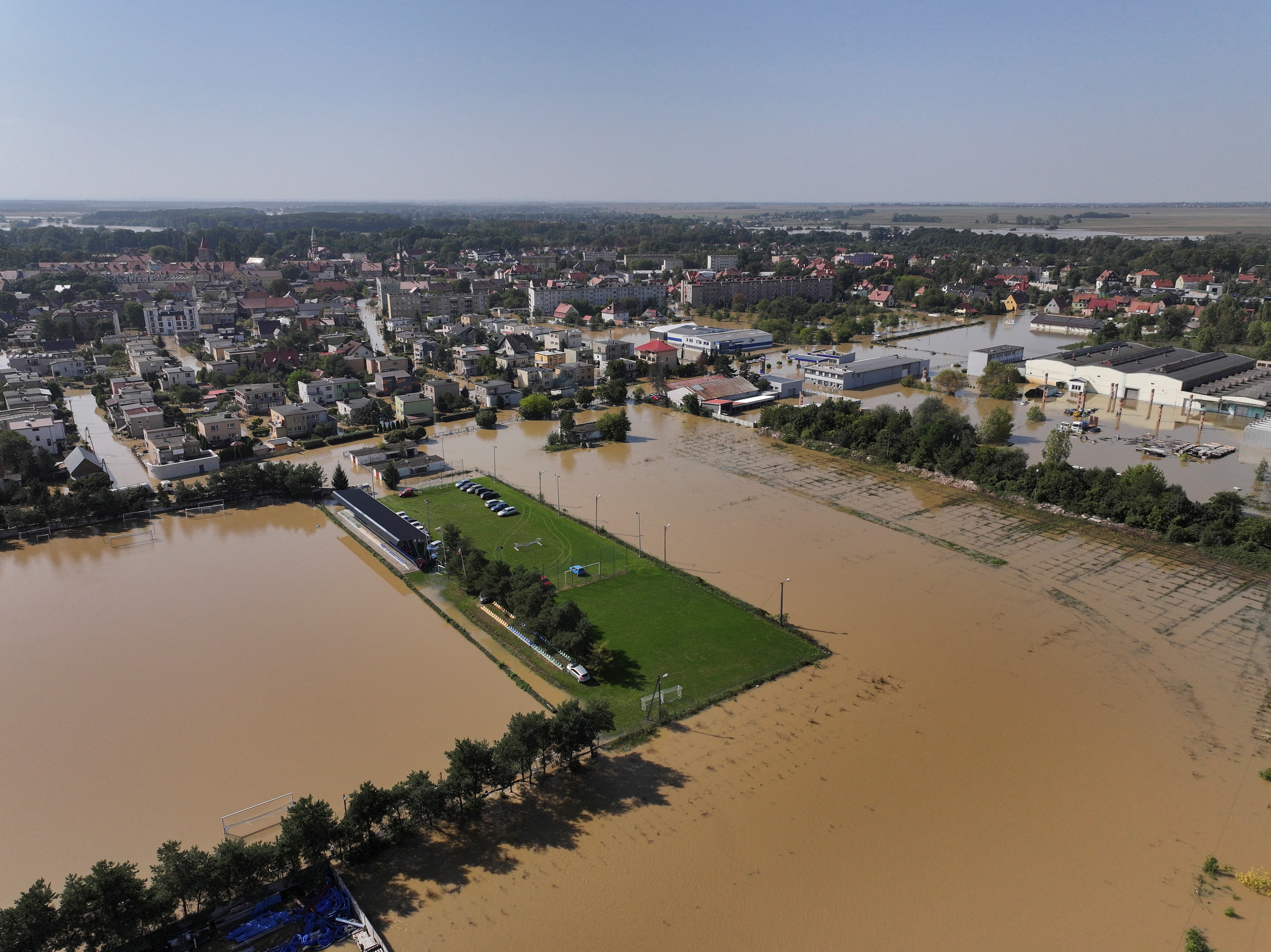 A drone view shows a flooded area by Nysa Klodzka river in Lewin Brzeski