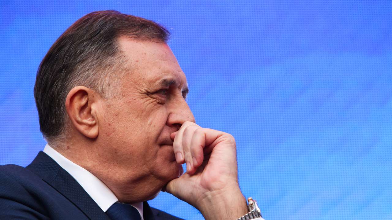 President of Republika Srpska (Serb Republic) Milorad Dodik addresses supporters during a protest in Banja Luka