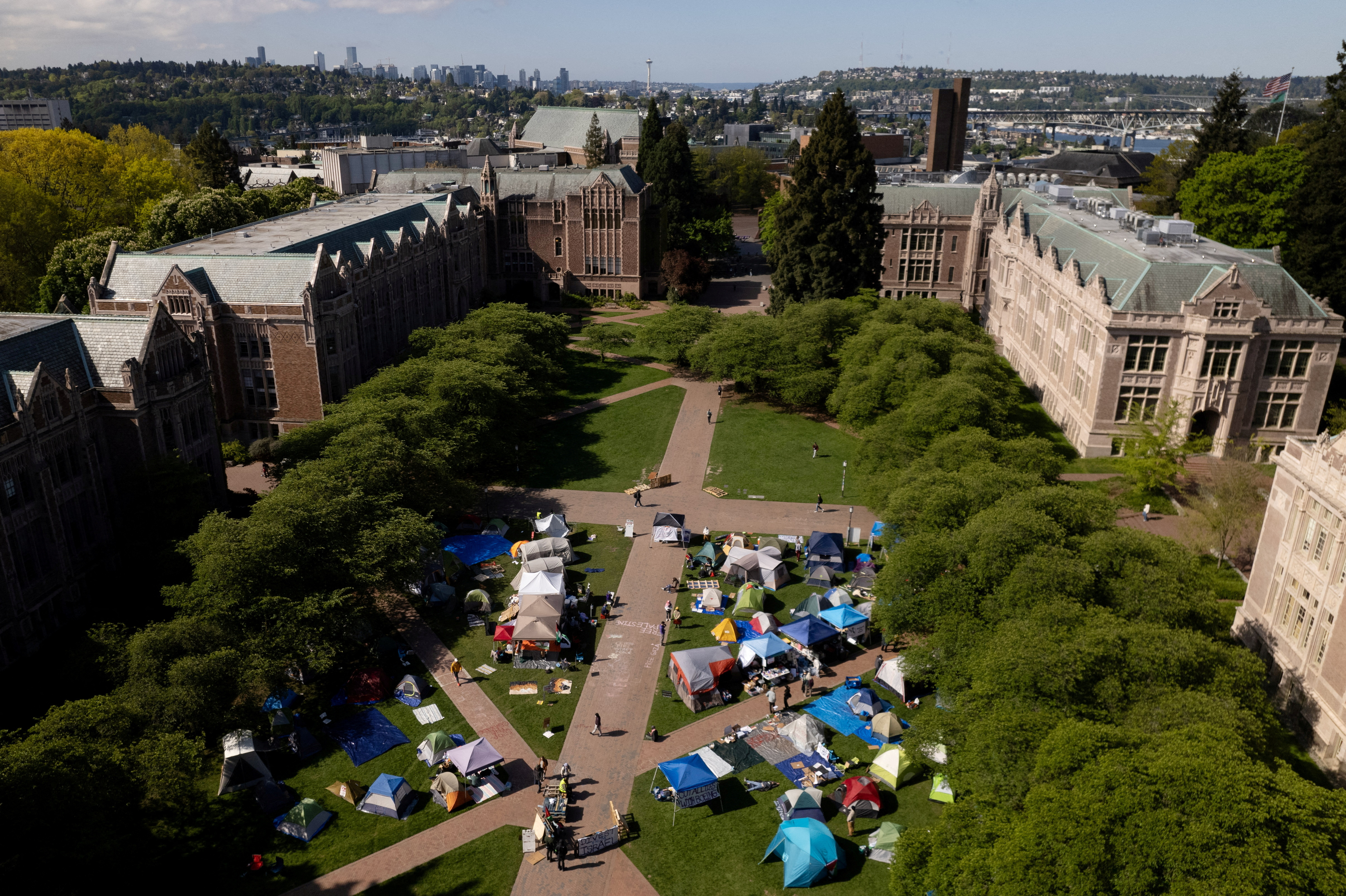 FILE PHOTO: A drone view shows demonstrators at a protest encampment in support of Palestinians, at the University of Washington in Seattle
