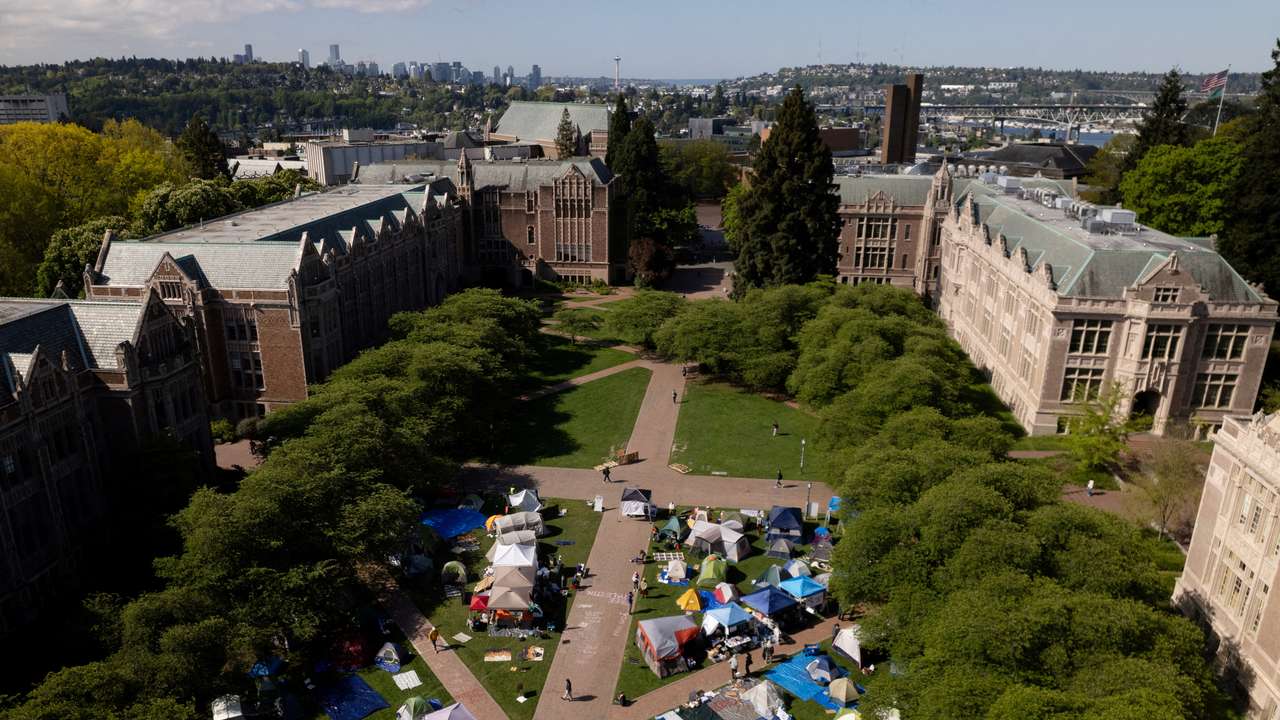 FILE PHOTO: A drone view shows demonstrators at a protest encampment in support of Palestinians, at the University of Washington in Seattle