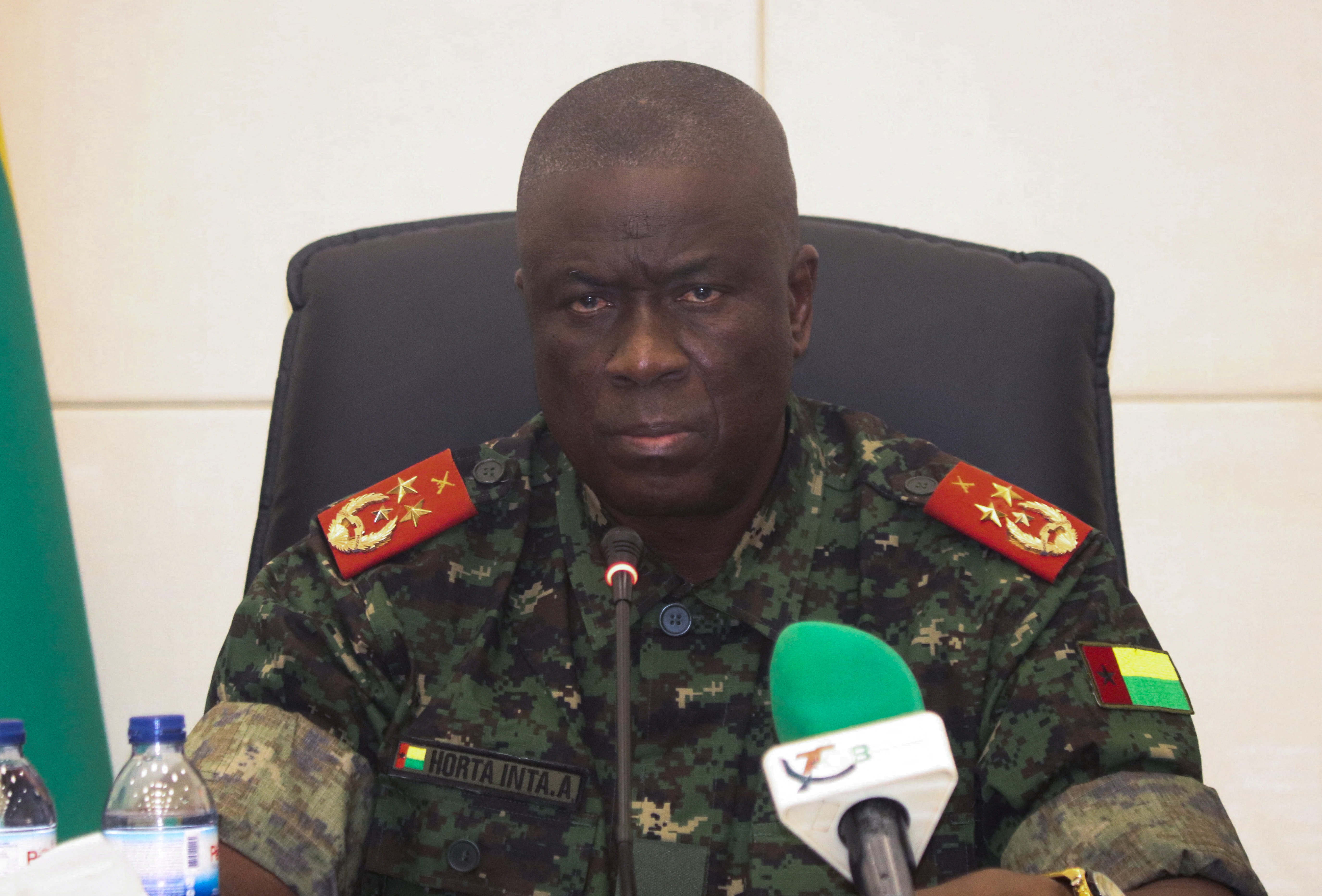 Guinea-Bissau's transitional president Major-General Horta Inta-a attends a press conference in Bissau
