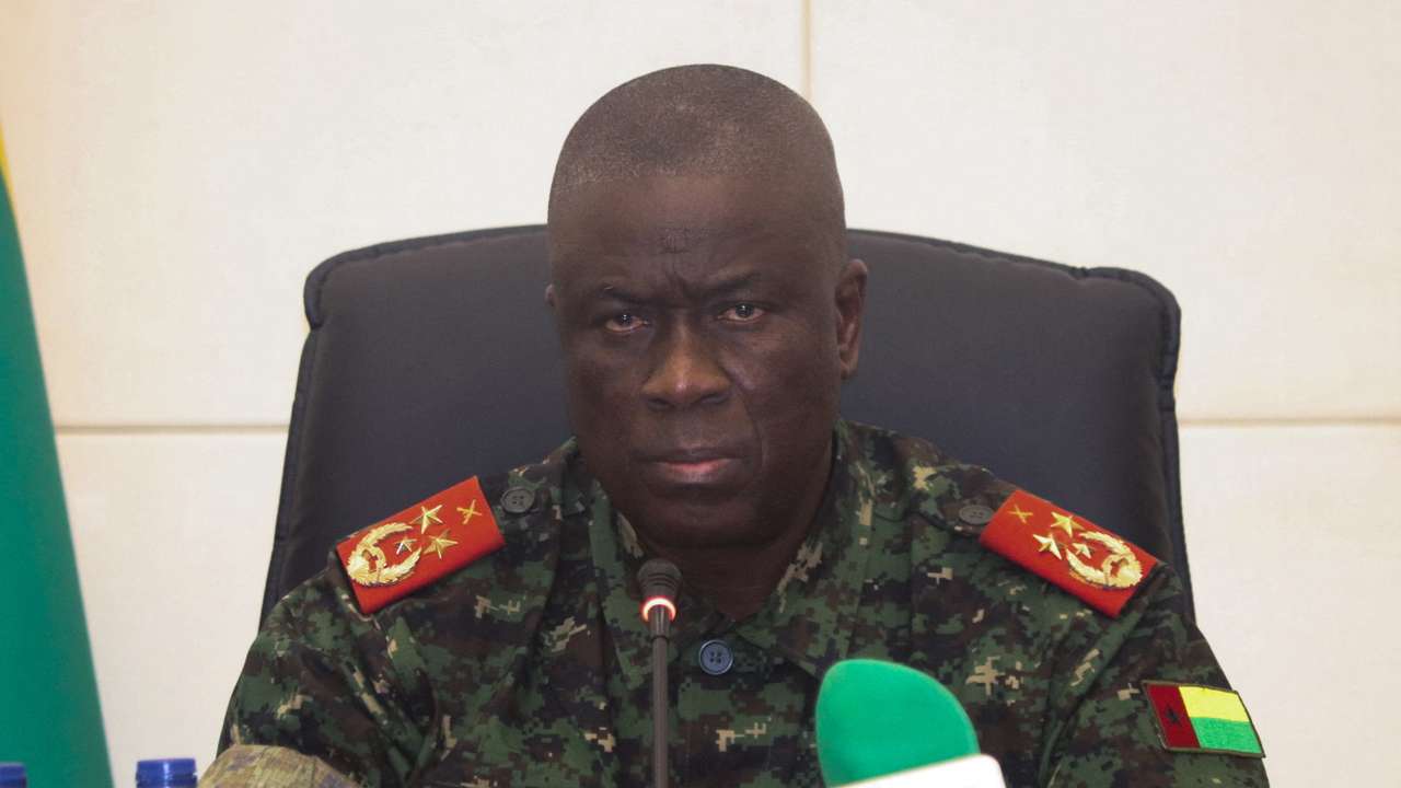 Guinea-Bissau's transitional president Major-General Horta Inta-a attends a press conference in Bissau