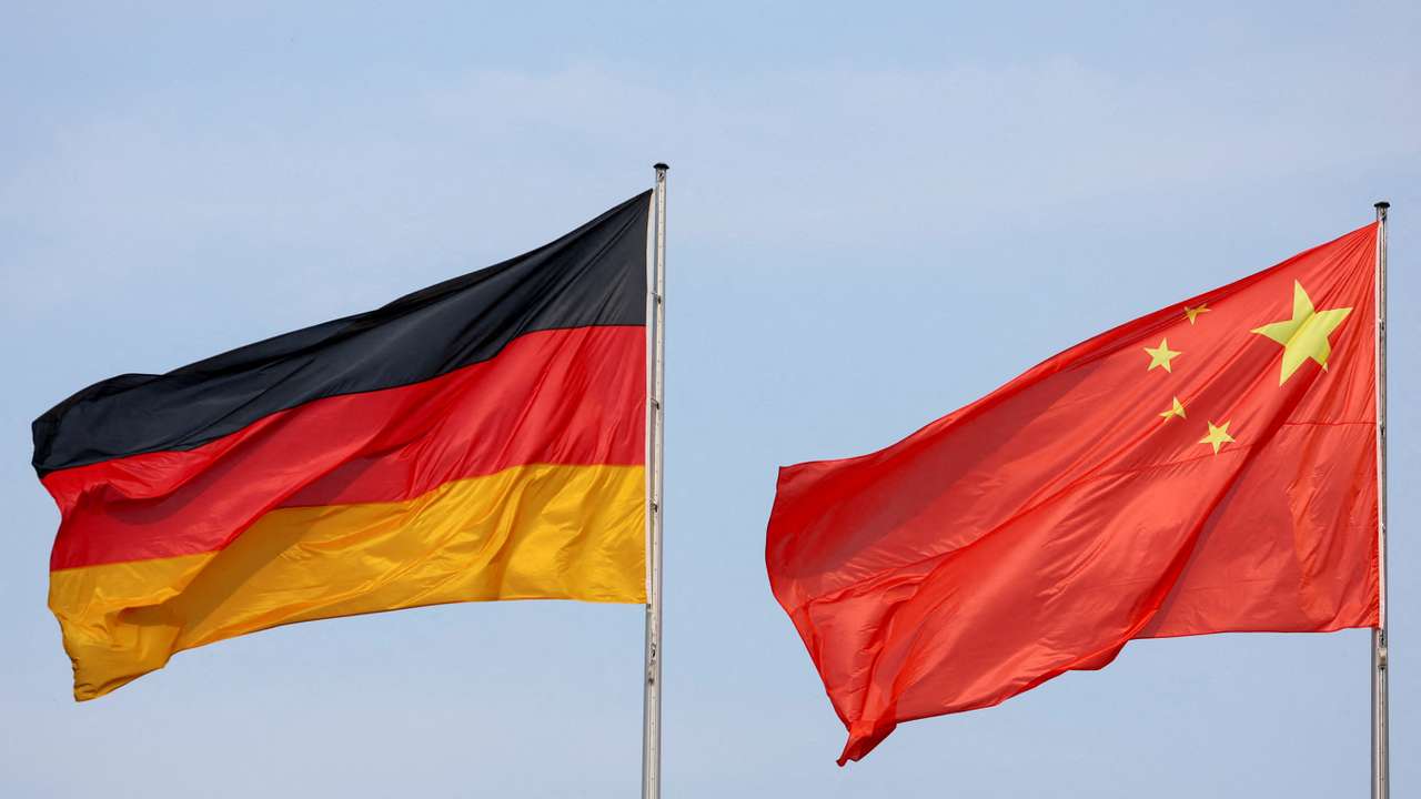 FILE PHOTO: The flags of Germany and China are seen ahead of a meeting between German Chancellor Olaf Scholz and Chinese Premier Li Qiang in Berlin,
