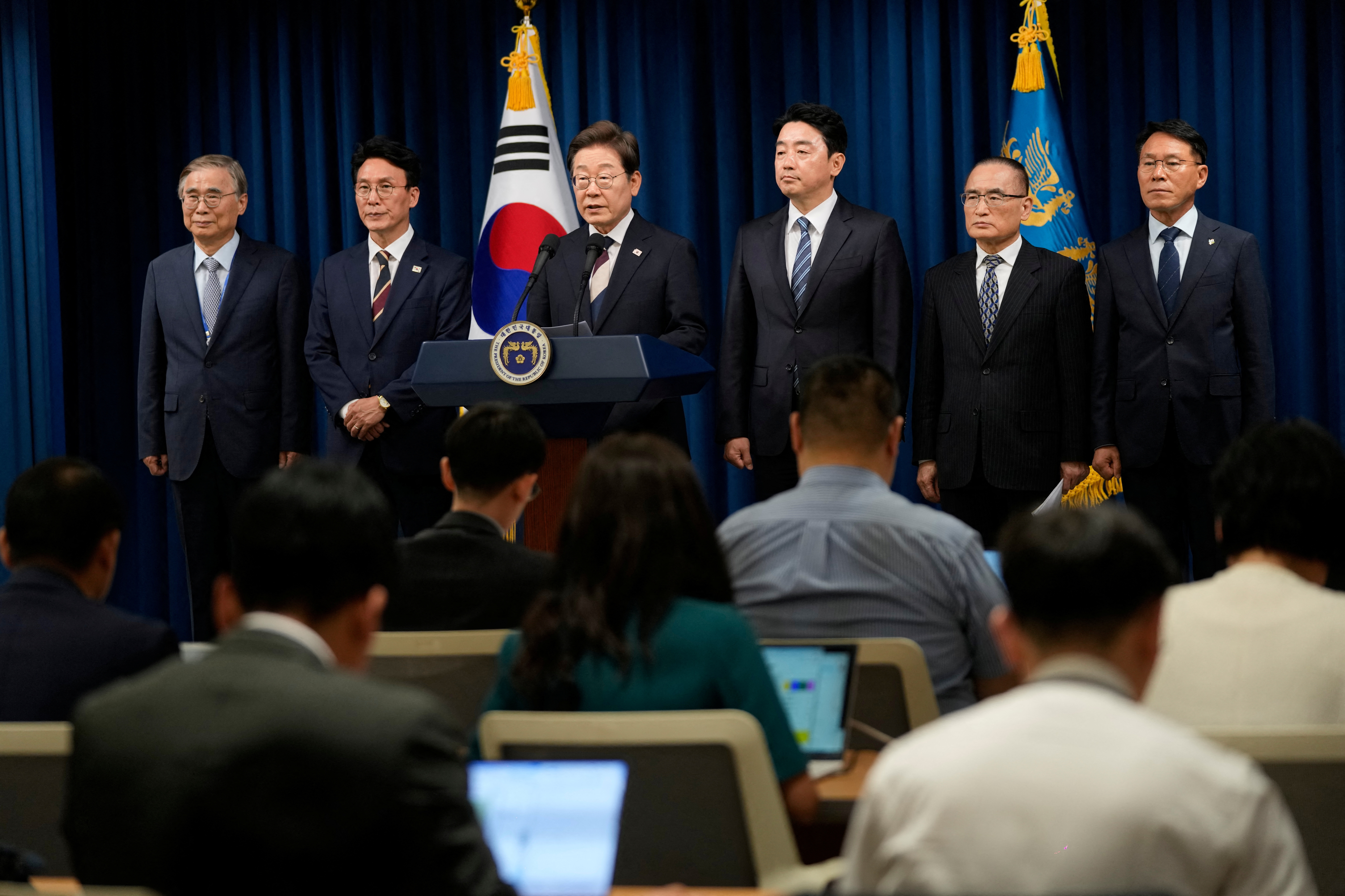 South Korean President Lee Jae-myung attends a press conference in Seoul