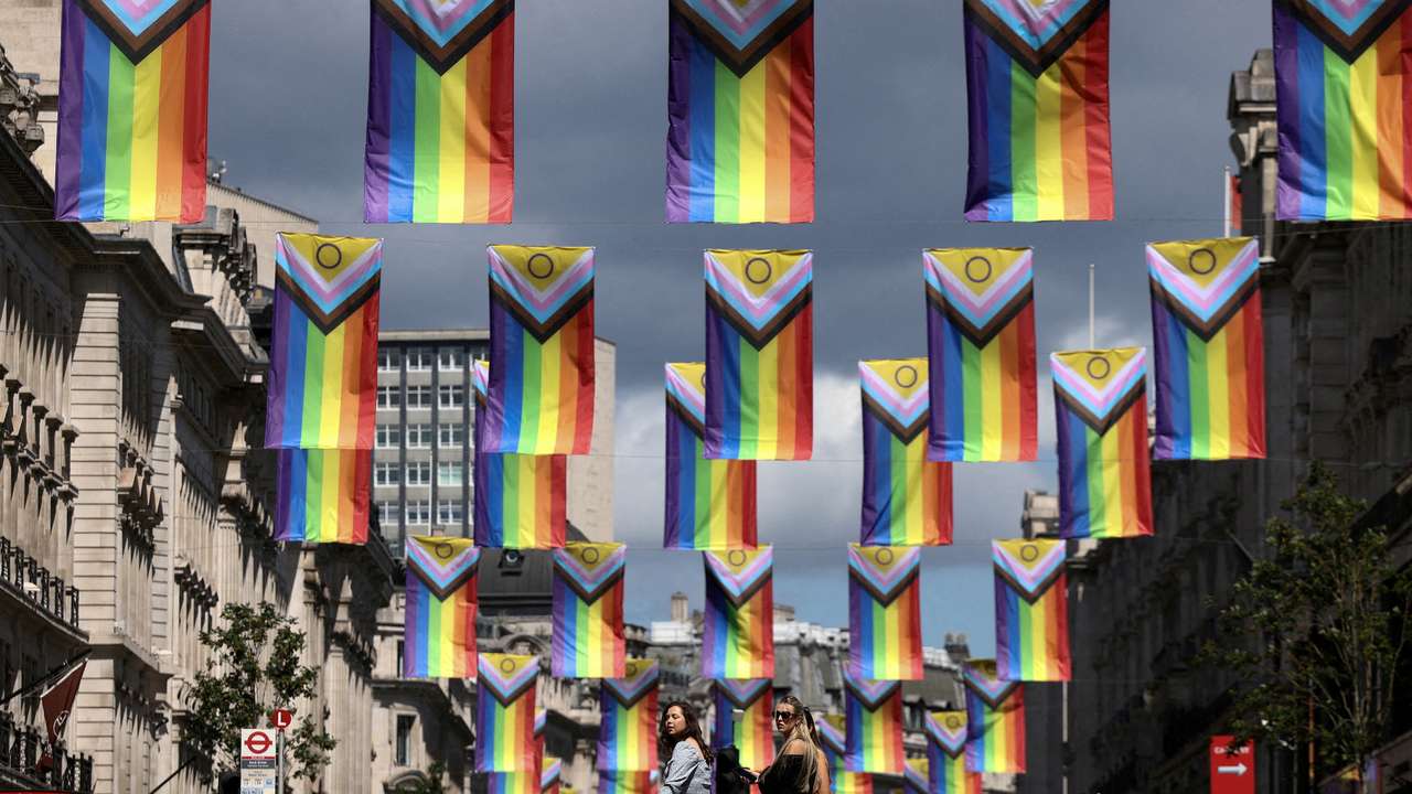 FILE PHOTO: Intersex-Inclusive Pride flags hang across Regent Street in London