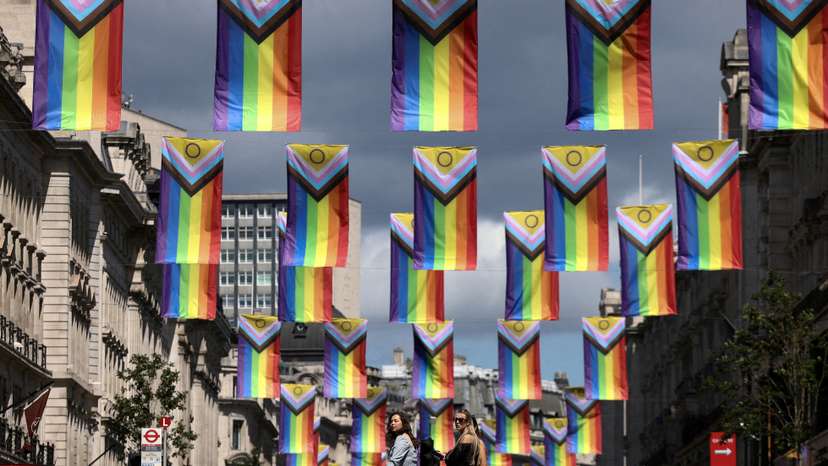 FILE PHOTO: Intersex-Inclusive Pride flags hang across Regent Street in London