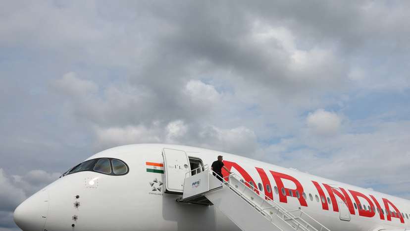 Branding for Air India is seen on Airbus A350-900 at Farnborough International Airshow, in Farnborough