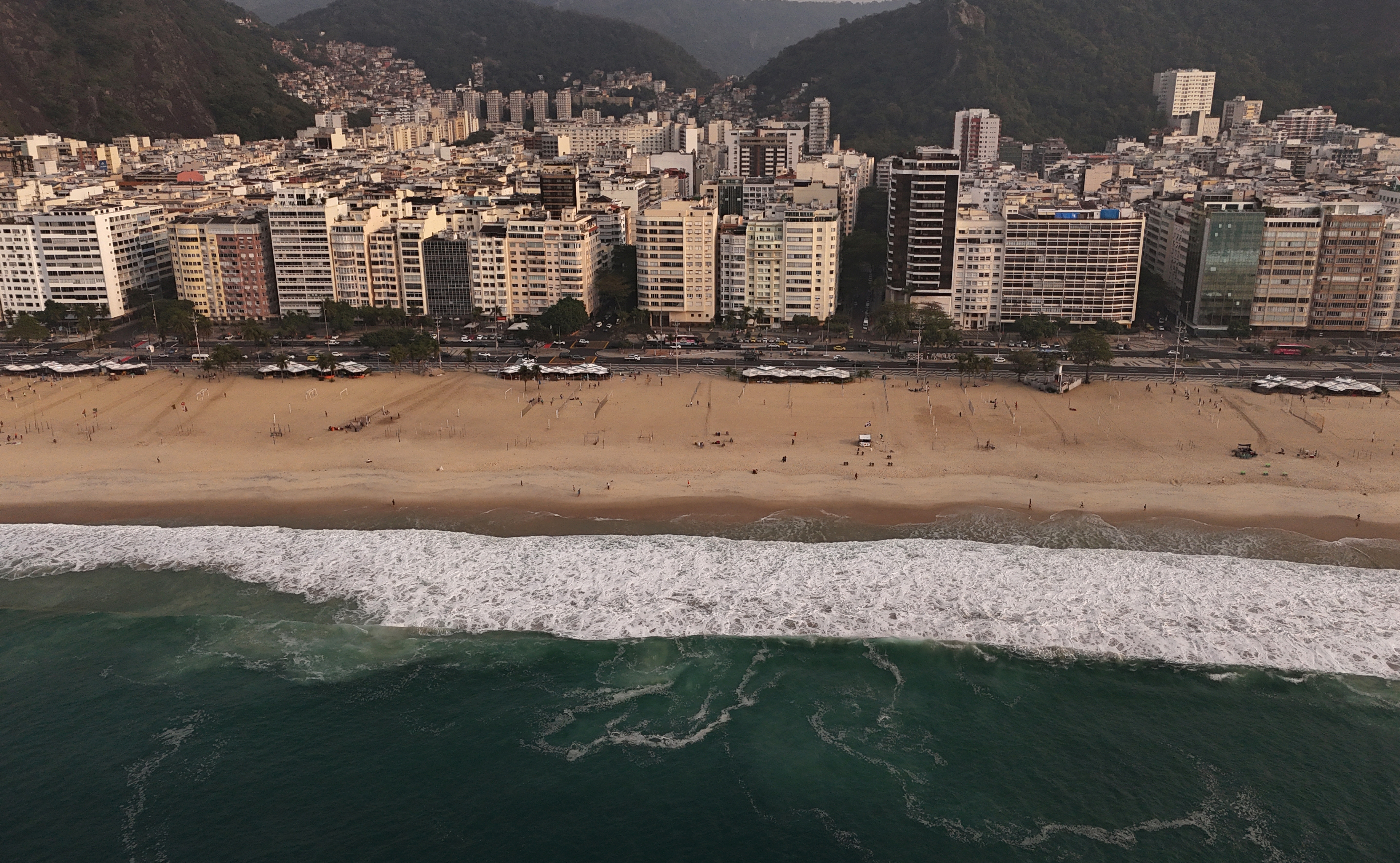 A drone view shows buildings in Copacabana neighborhood in Rio de Janeiro
