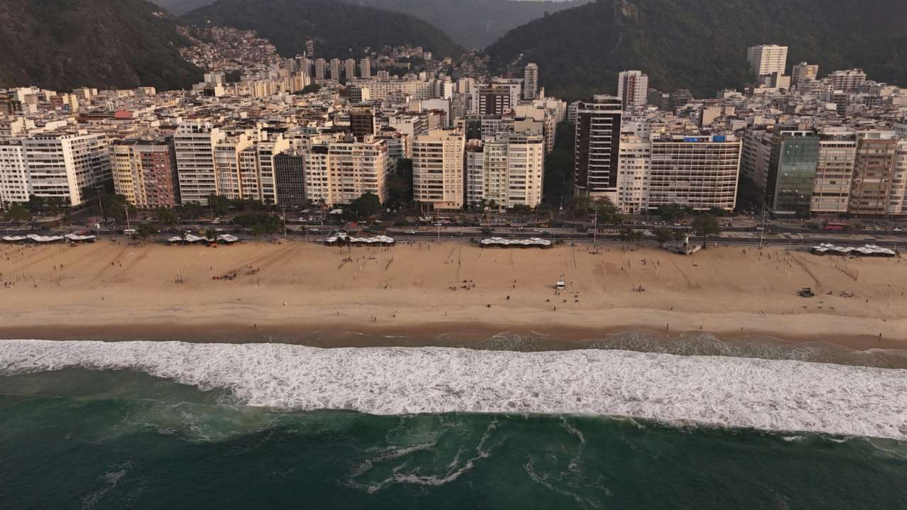 A drone view shows buildings in Copacabana neighborhood in Rio de Janeiro