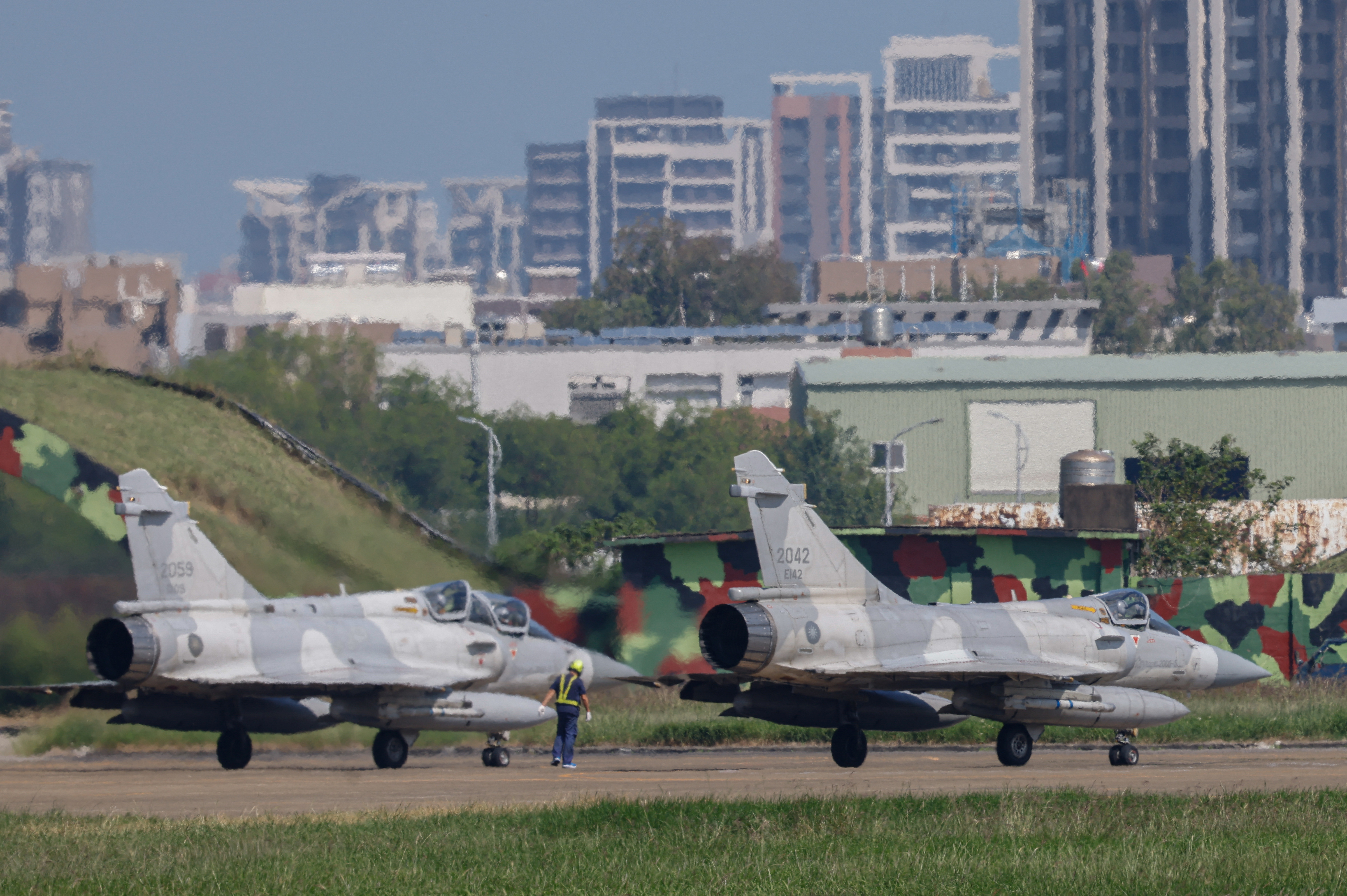 Taiwan Air Force Mirage 2000 aircraft prepare to takeoff at Hsinchu Air Base in Hsinchu