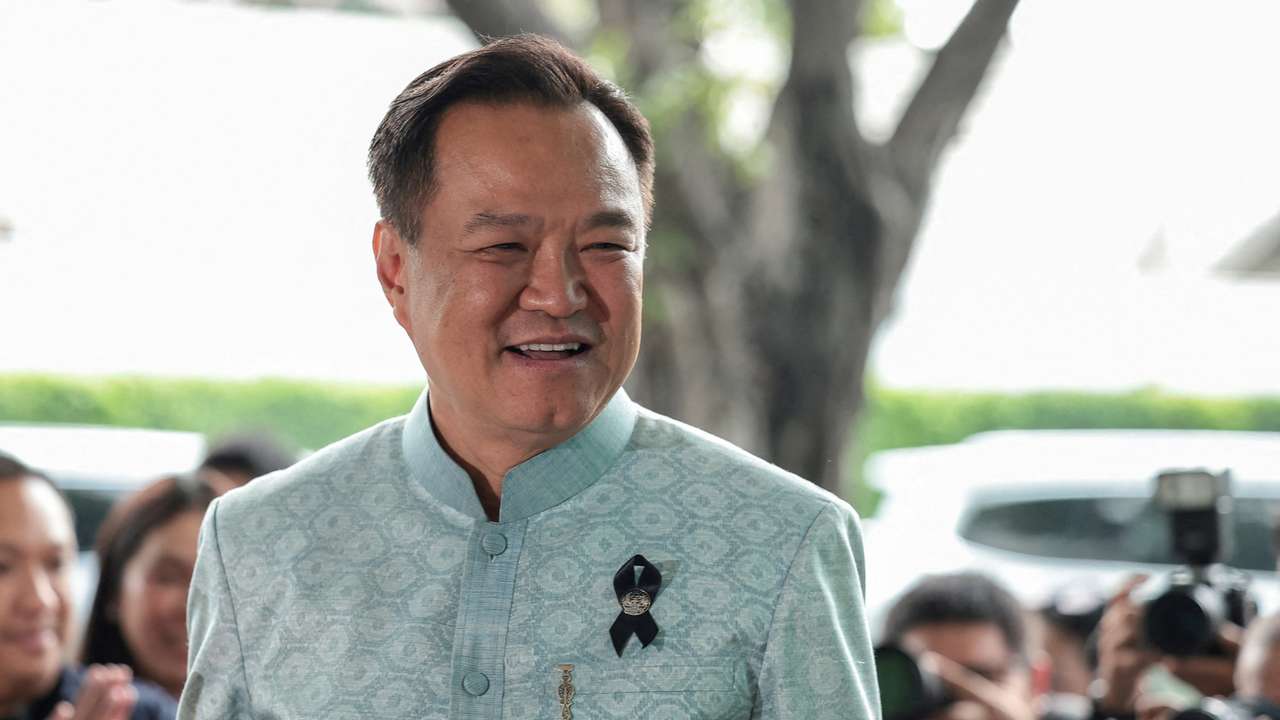 Thailand's caretaker PM Anutin Charnvirakul attends a meeting with Bhumjaithai Party members at party HQ in Bangkok
