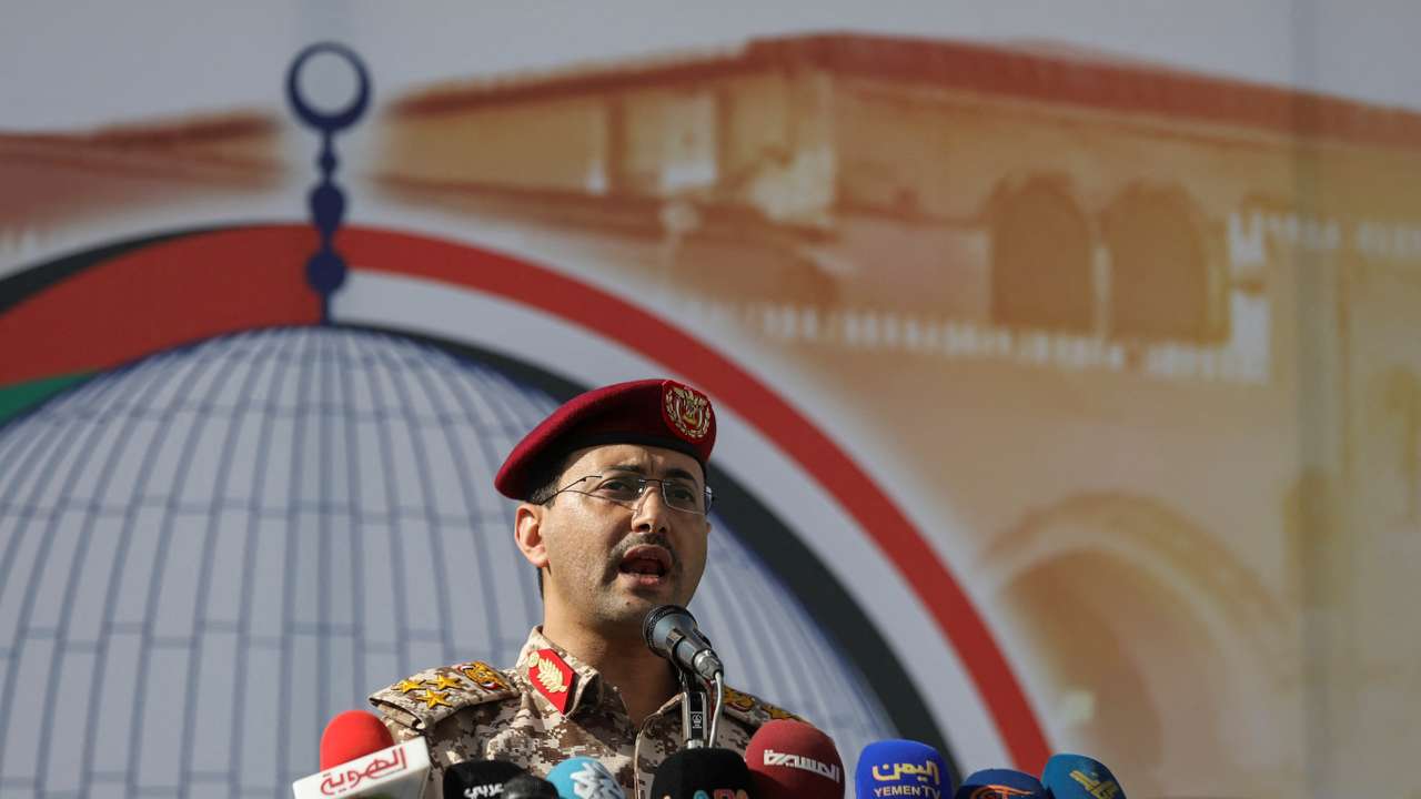 Houthi military spokesman, Yahya Sarea, delivers a statement during a pro-Palestinian rally in Sanaa