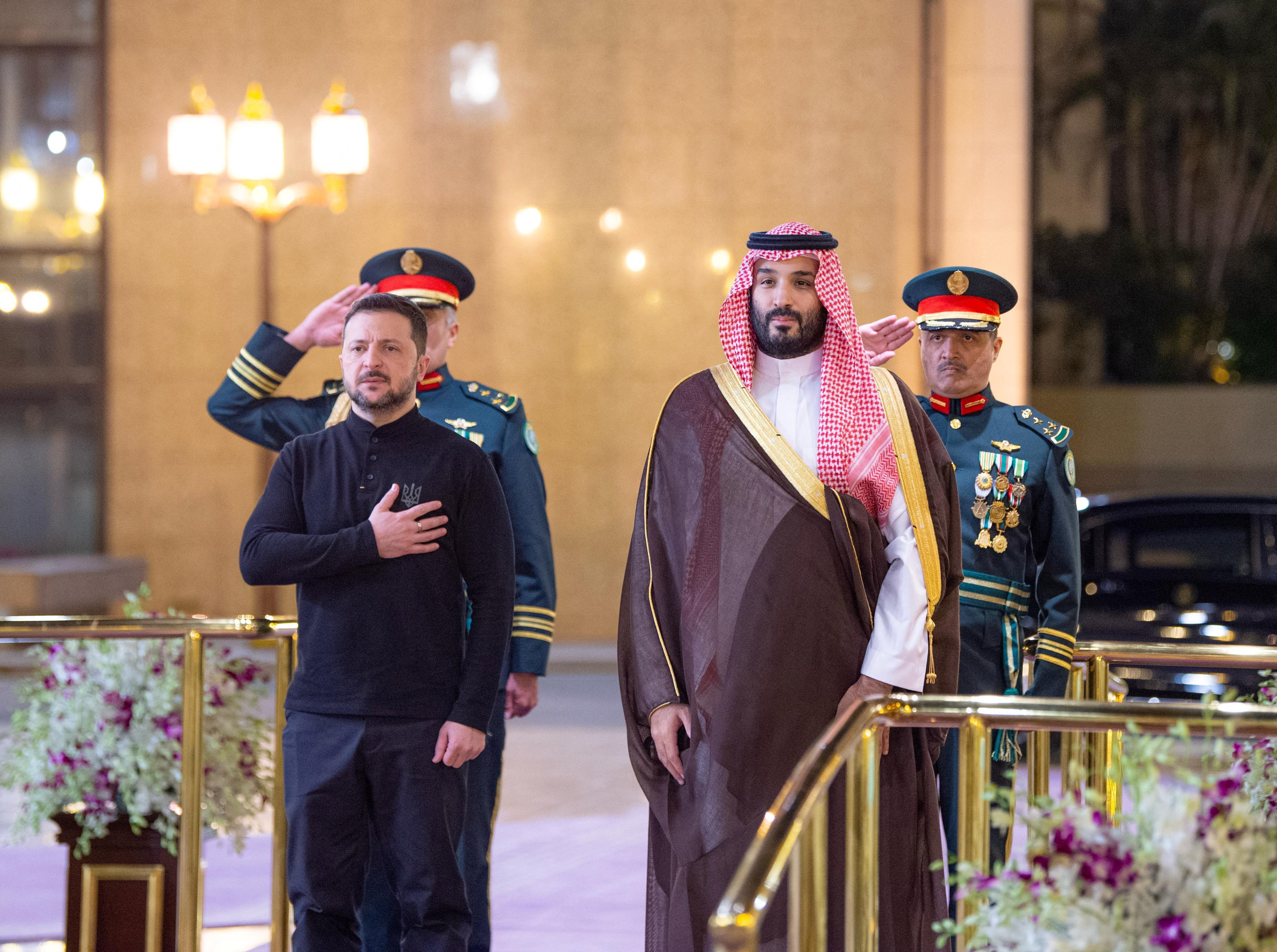Ukrainian President Volodymyr Zelenskiy meets Saudi Crown Prince, Mohammed bin Salman, during his visit to Jeddah