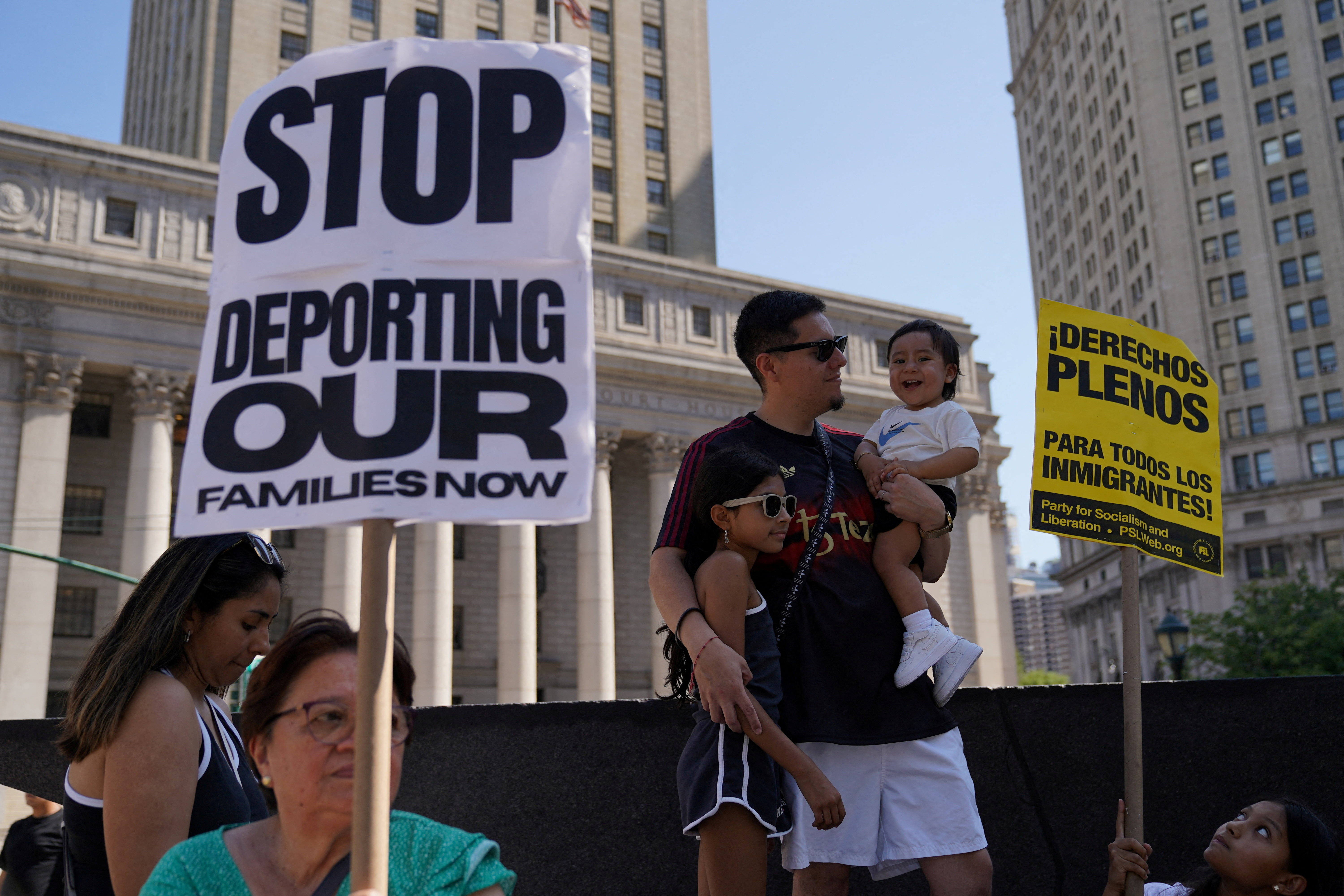 FILE PHOTO: Protesters gather at Foley Square during an “ICE Out of New York: Stop the Deportation” rally in New York City