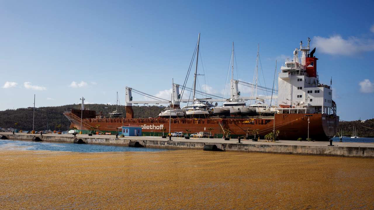 A yacht transport ship sits in the harbor of Charlotte Amalie on the island of St Thomas in the U.S. Virgin Islands