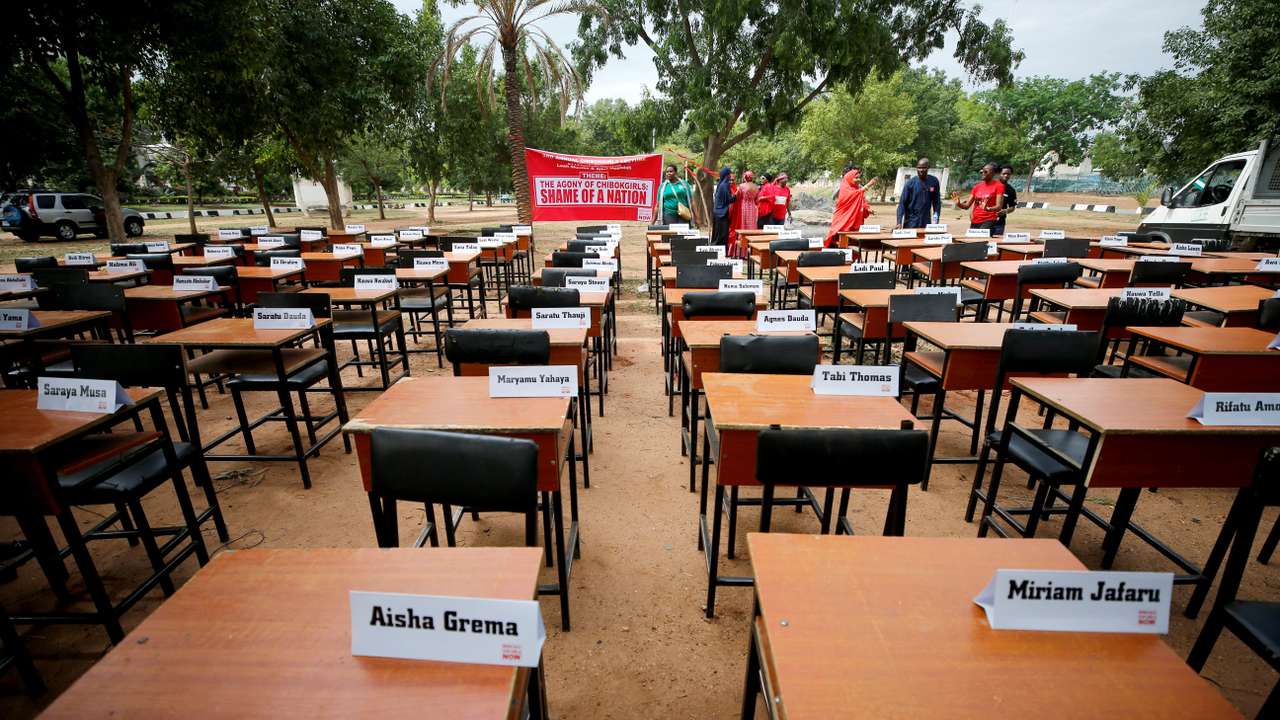 FILE PHOTO: Names of missing Chibok school girls kidnapped by Boko Haram insurgency five years ago are displayed during the 5th year anniversary of their abduction, in Abuja