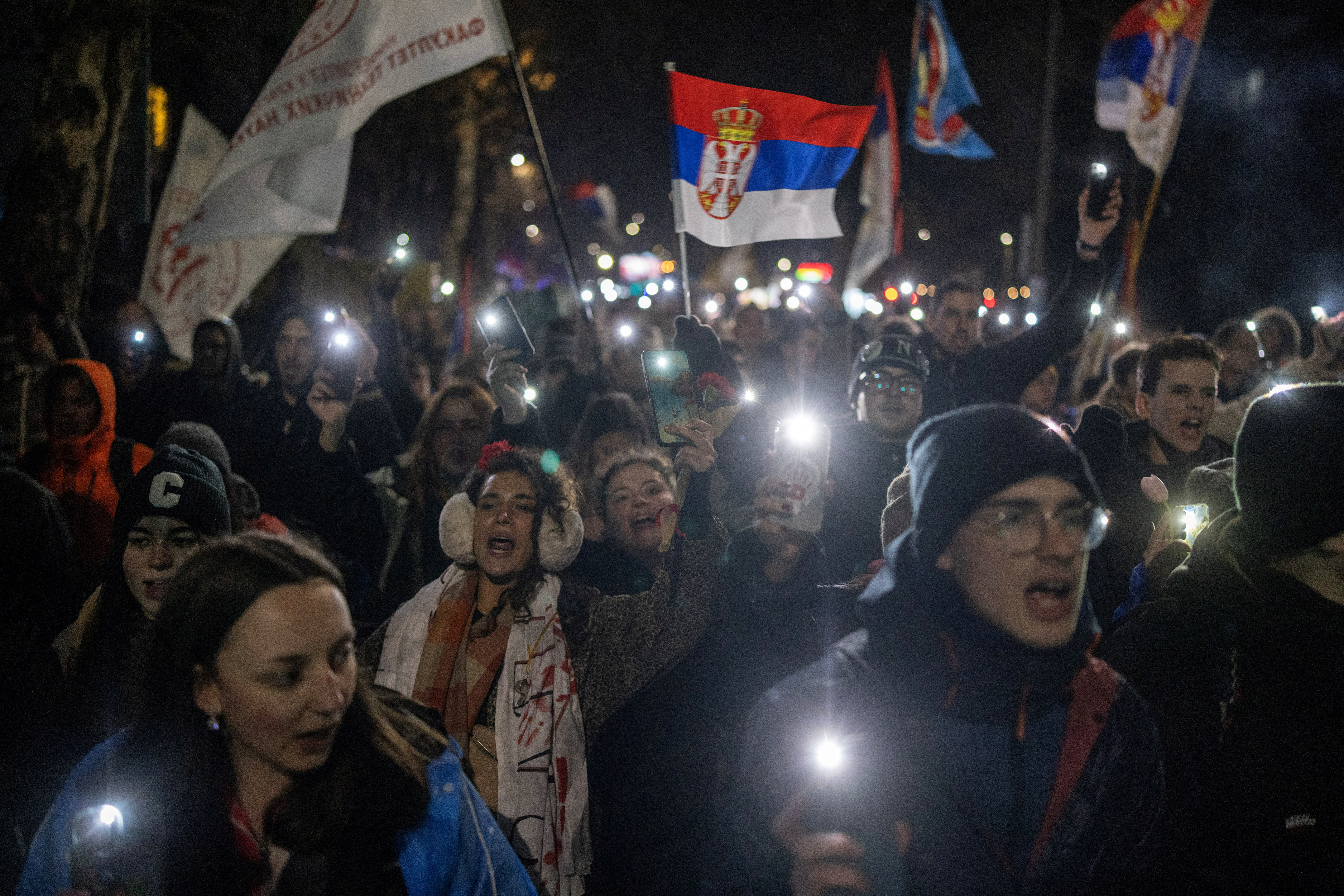 Students finish their protest march in Kragujevac