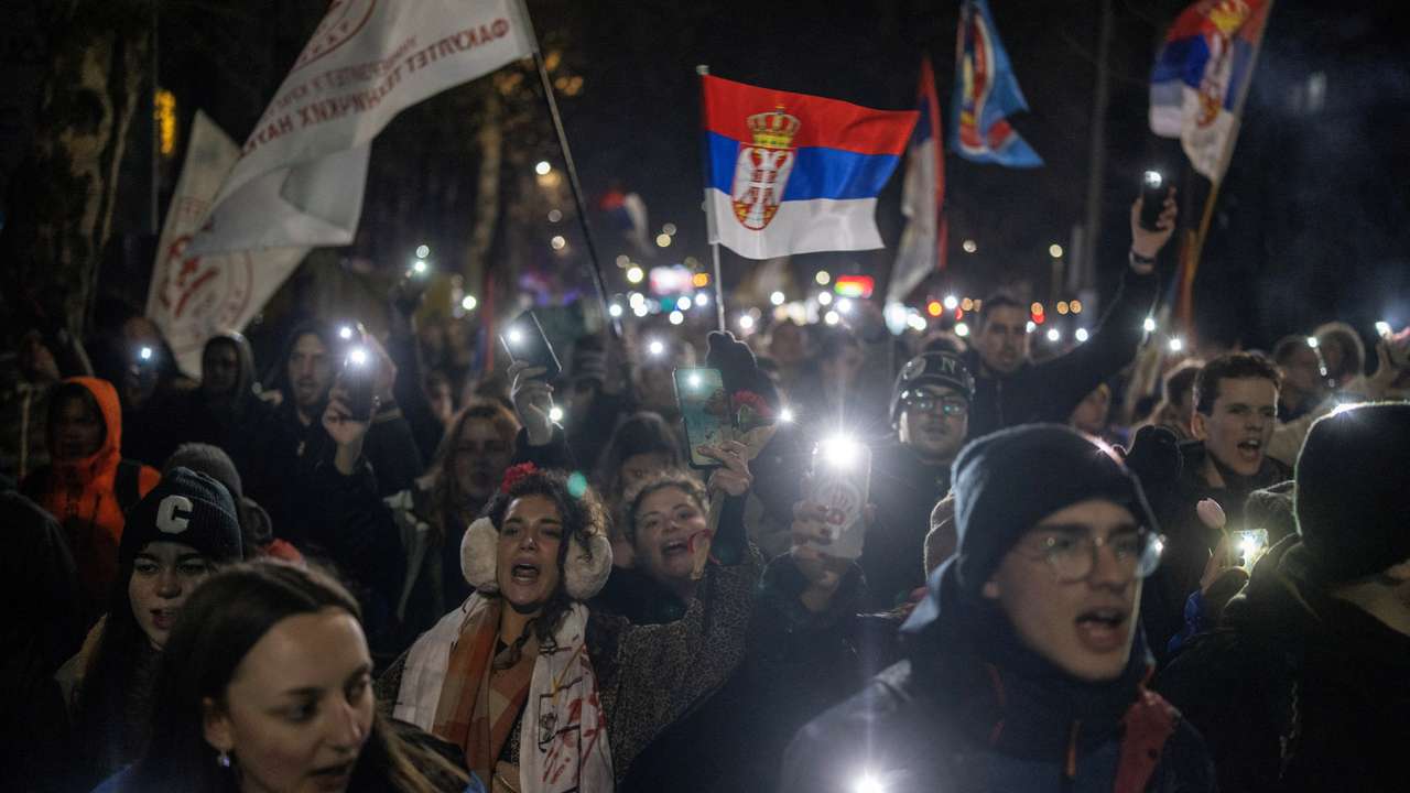 Students finish their protest march in Kragujevac