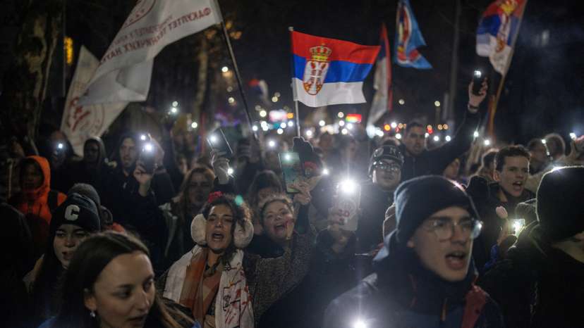 Students finish their protest march in Kragujevac