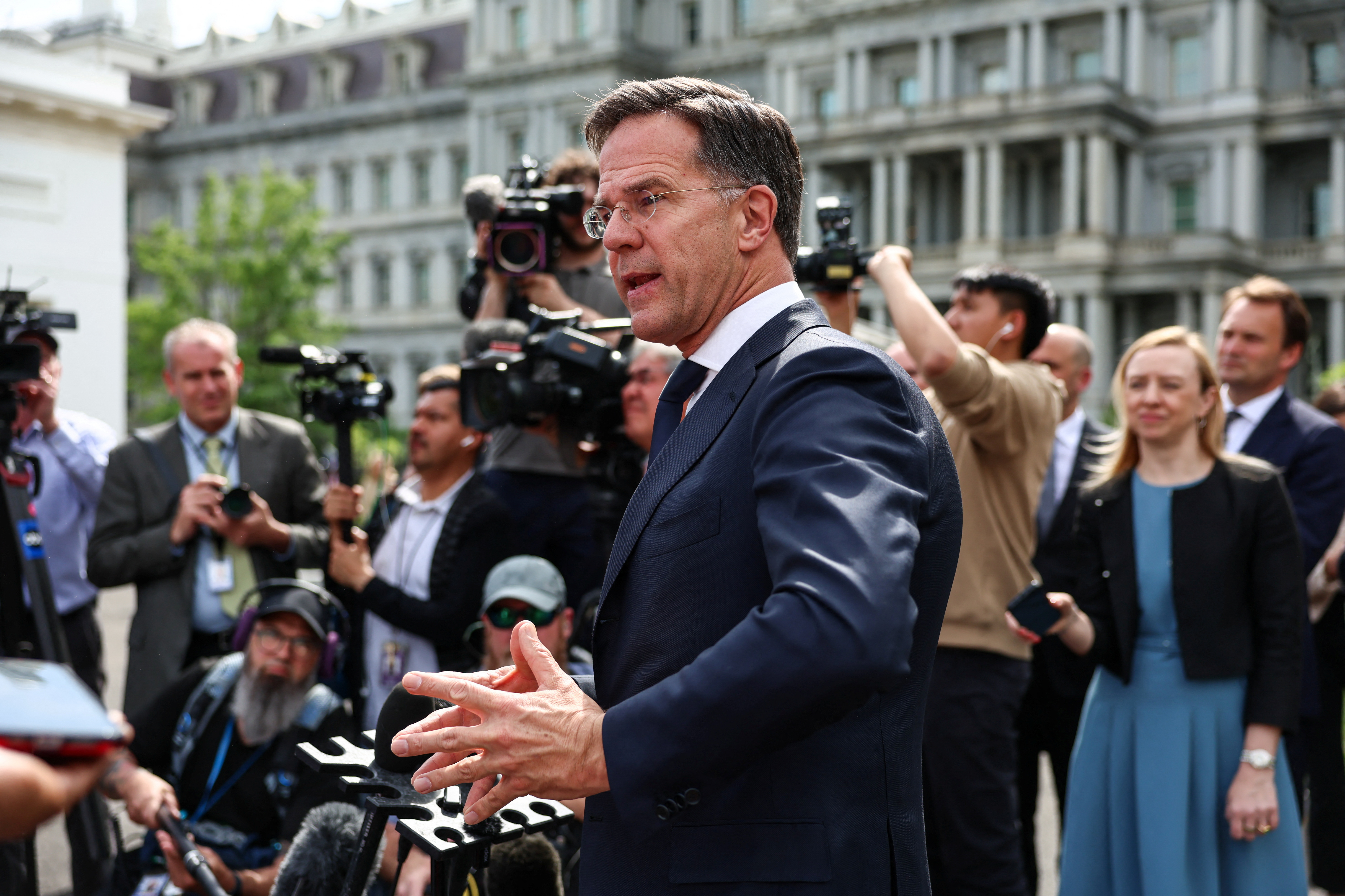 NATO Secretary General Rutte speaks to the press, in front of the White House