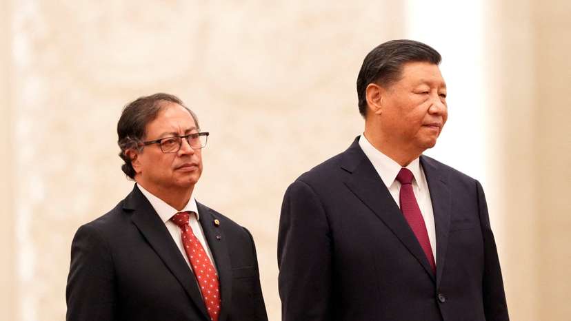 Colombian President Gustavo Petro meets Chinese President Xi Jinping during a welcoming ceremony in Beijing