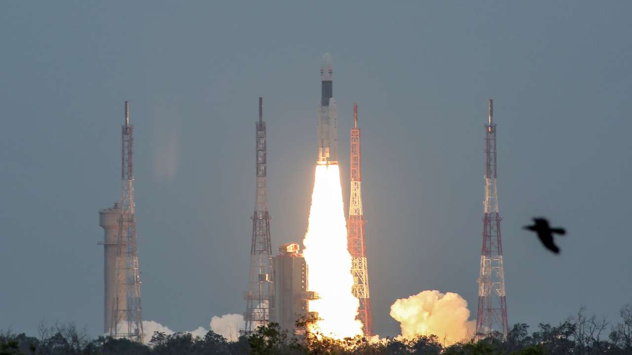 India's Geosynchronous Satellite Launch Vehicle Mk III-M1 blasts off carrying Chandrayaan-2, from the Satish Dhawan space centre at Sriharikota