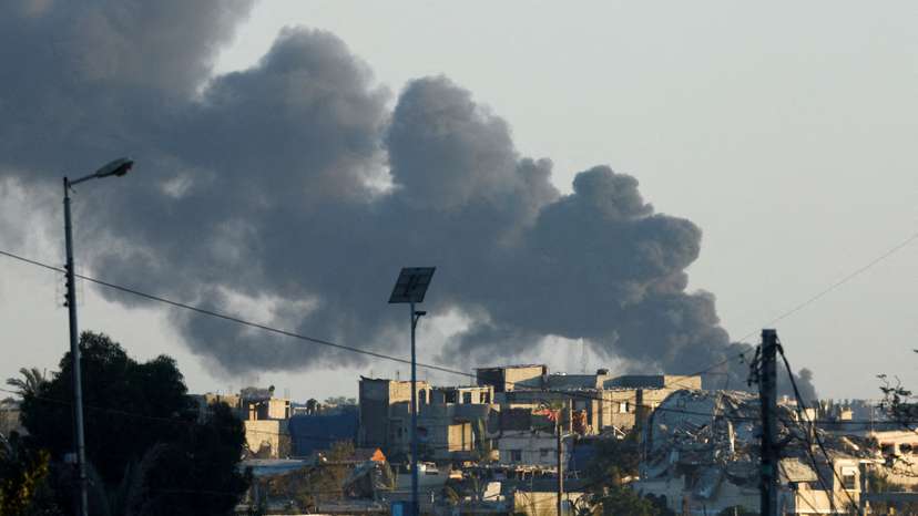FILE PHOTO: Smoke rises from an Israeli air strike in Rafah as seen from Khan Younis