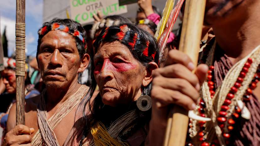Members of the indigenous community Waorani demand respect for their rights, in Quito