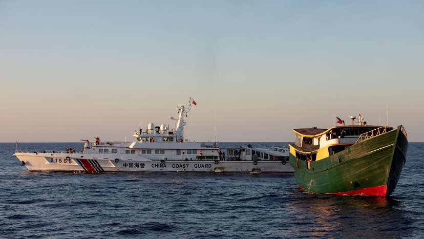 A Chinese Coast Guard vessel blocks the Philippine resupply vessel Unaizah May 4, on its way to a resupply mission at Second Thomas Shoal in the South China Sea