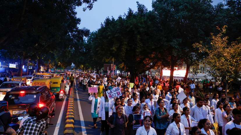 Protest march demanding justice following the rape and murder of a trainee medic at a hospital in Kolkata, in New Delhi