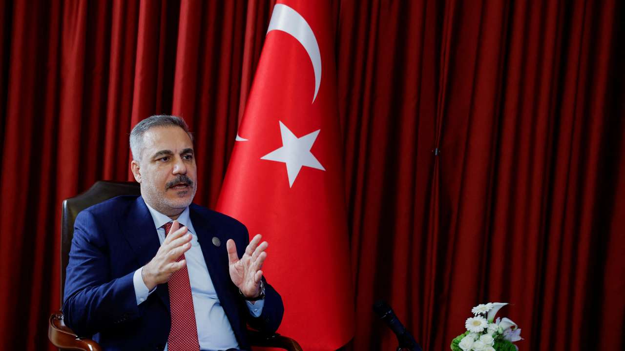 Turkish Foreign Minister Hakan Fidan speaks during an interview with Reuters at the 23rd edition of the annual Doha Forum, in Doha
