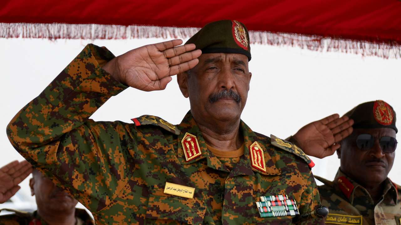 Sudan's military ruler Burhan arrives to the city of Port Sudan on his first trip away following the crisis in Sudan capital Khartoum