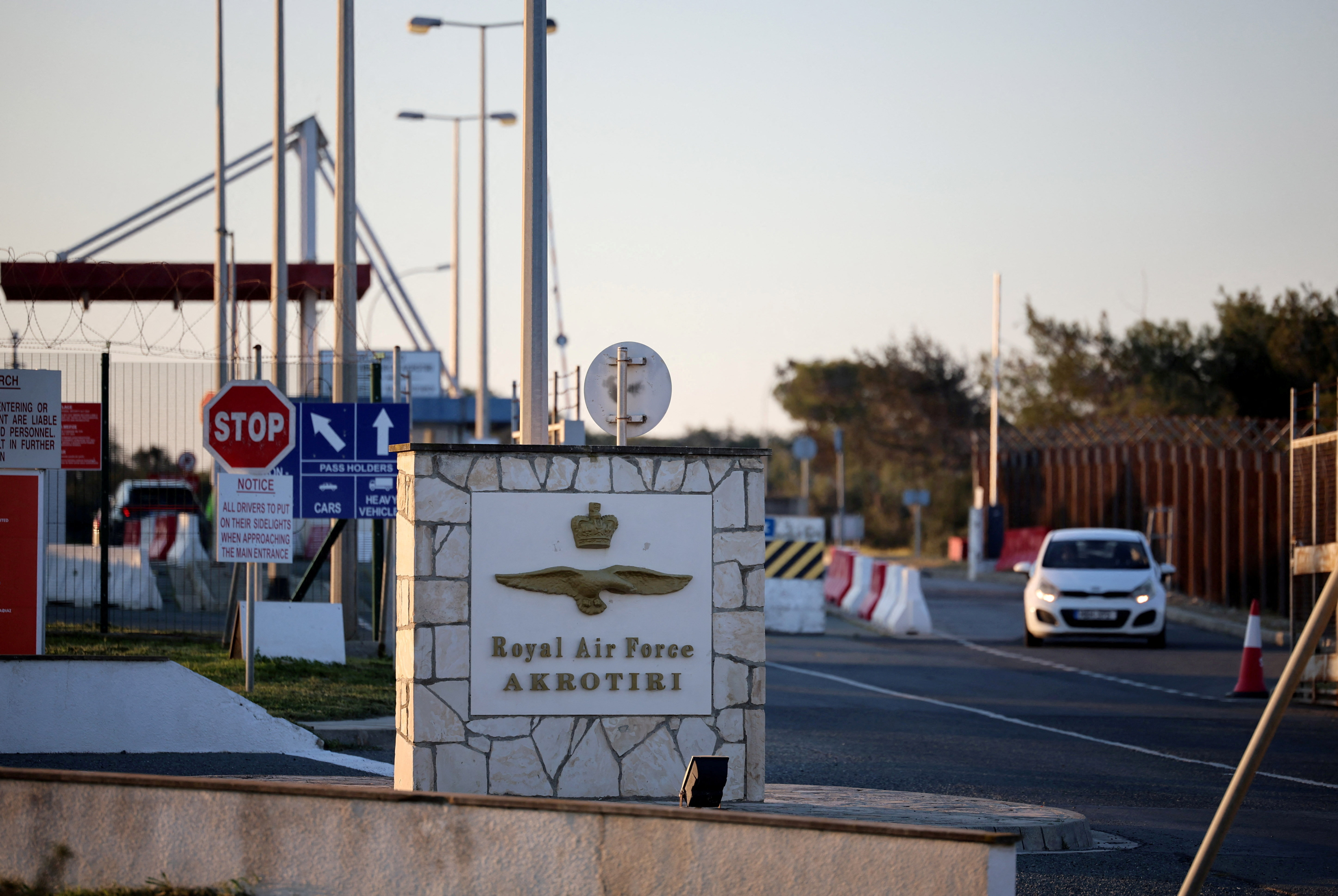 The entrance of RAF Akrotiri, a British sovereign base in Cyprus, which was hit by an unmanned drone overnight, causing limited damage
