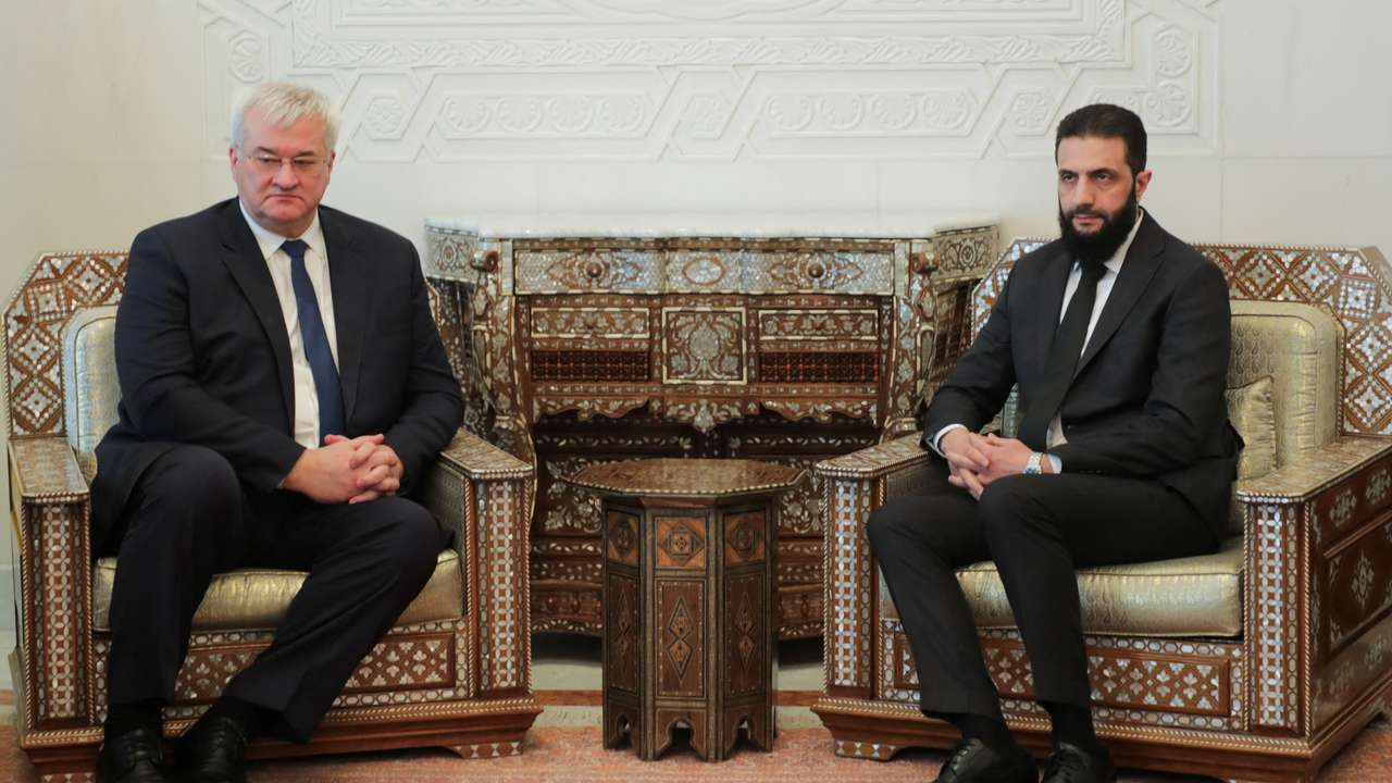 Syria's de facto leader Ahmed al-Sharaa, also known as Abu Mohammed al-Golani meets with senior Ukrainian delegation led by Ukrainian Foreign Minister Andrii Sybiha, after the ousting of Syria's Bashar al-Assad, in Damascus