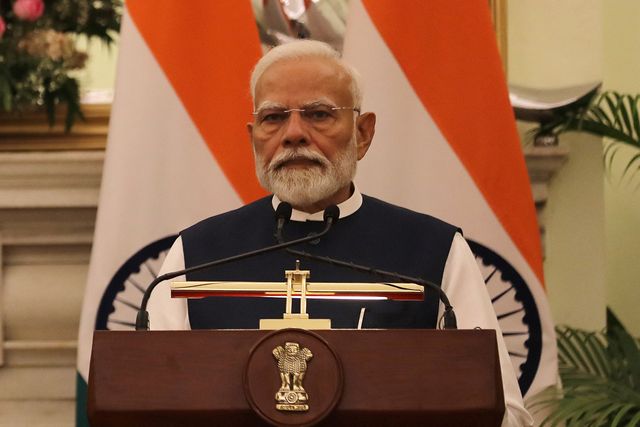 India's Prime Minister Narendra Modi speaks during a joint press statement with European Commission President Ursula von der Leyen in New Delhi