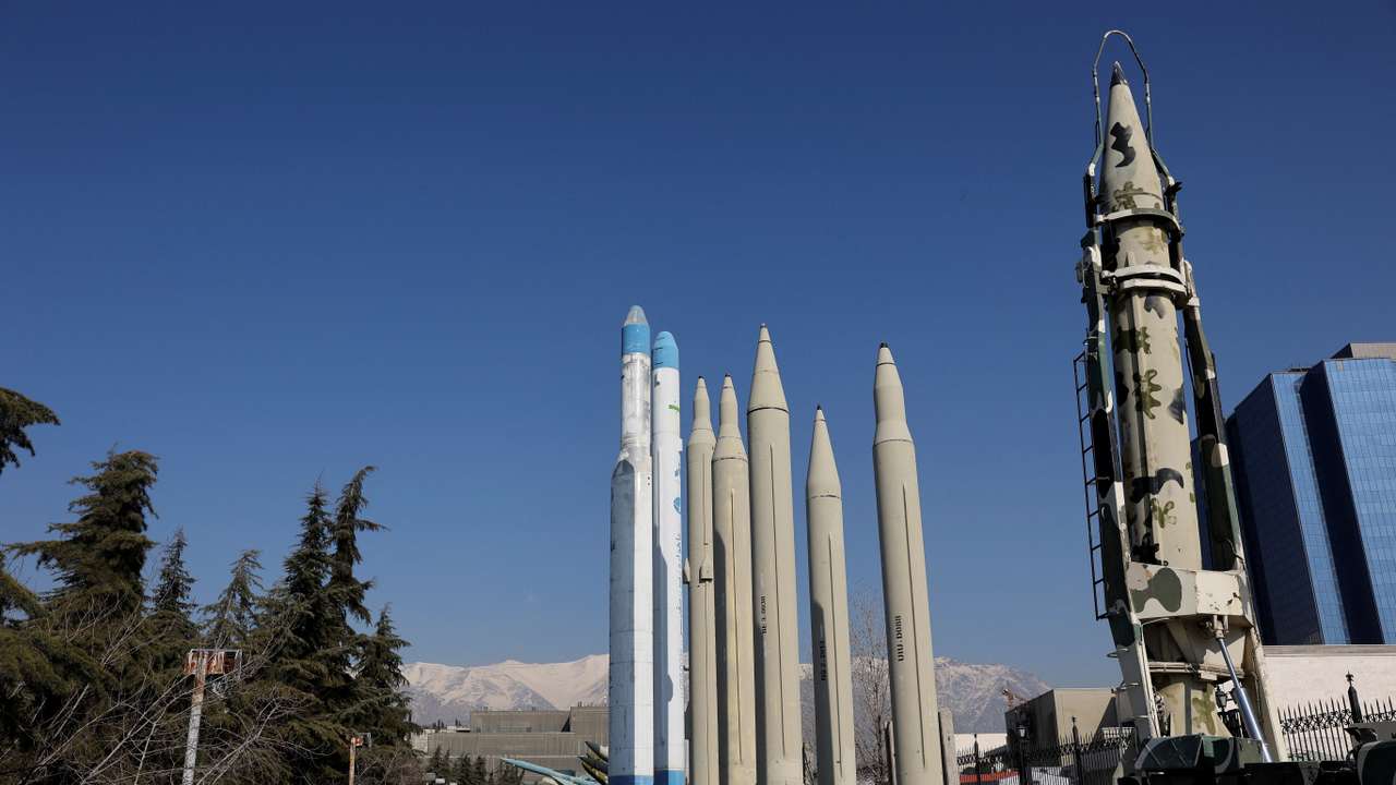 Iranian missiles are displayed in a park in Tehran