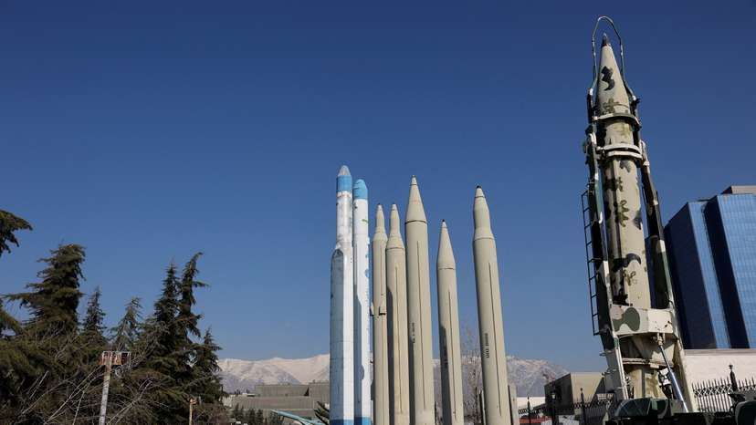 Iranian missiles are displayed in a park in Tehran