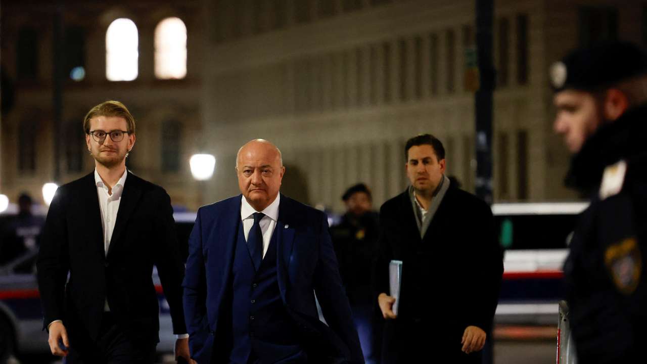 Head of People's Party (OEVP) Christian Stocker enters the Hofburg Palace