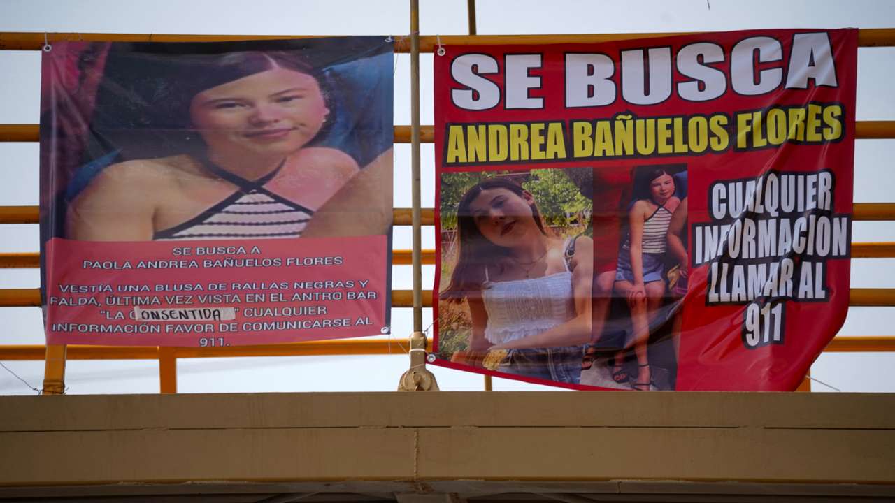 A view shows banners on a bridge with images that read "Wanted" of Paola Banuelos, in Mexicali