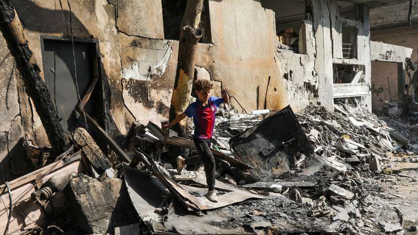 Aftermath of Israeli strikes at the area where Israeli hostages were rescued on Saturday, in Nuseirat refugee camp