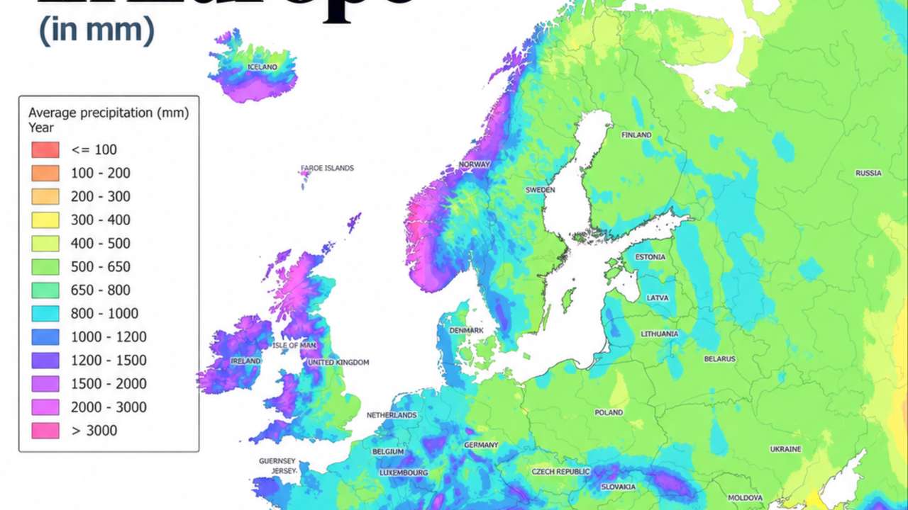 Europe's rainfall divide: Norway's coast receives over 3,000 mm while parts of Spain remain dry