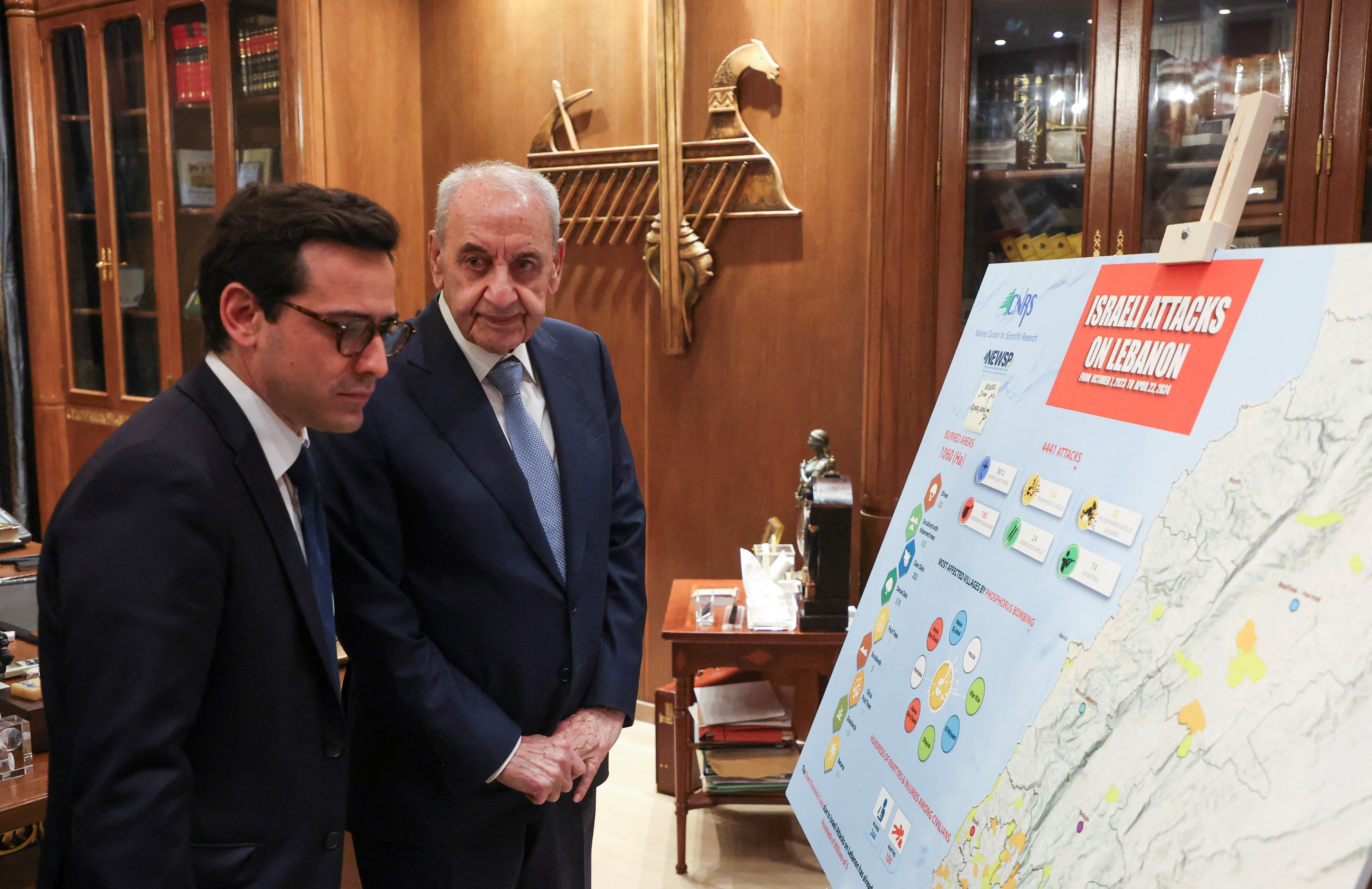 French Foreign Minister Sejourne checks ''Israeli attacks on Lebanon'' map as he meets with Lebanese Parliament Speaker Berri in Beirut
