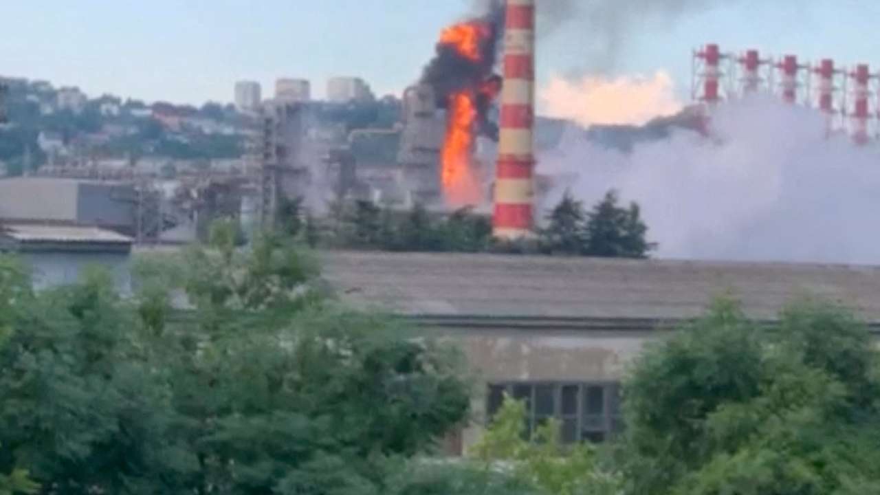 FILE PHOTO: Smoke and fire rise from a refinery after a drone attack in Tuapse