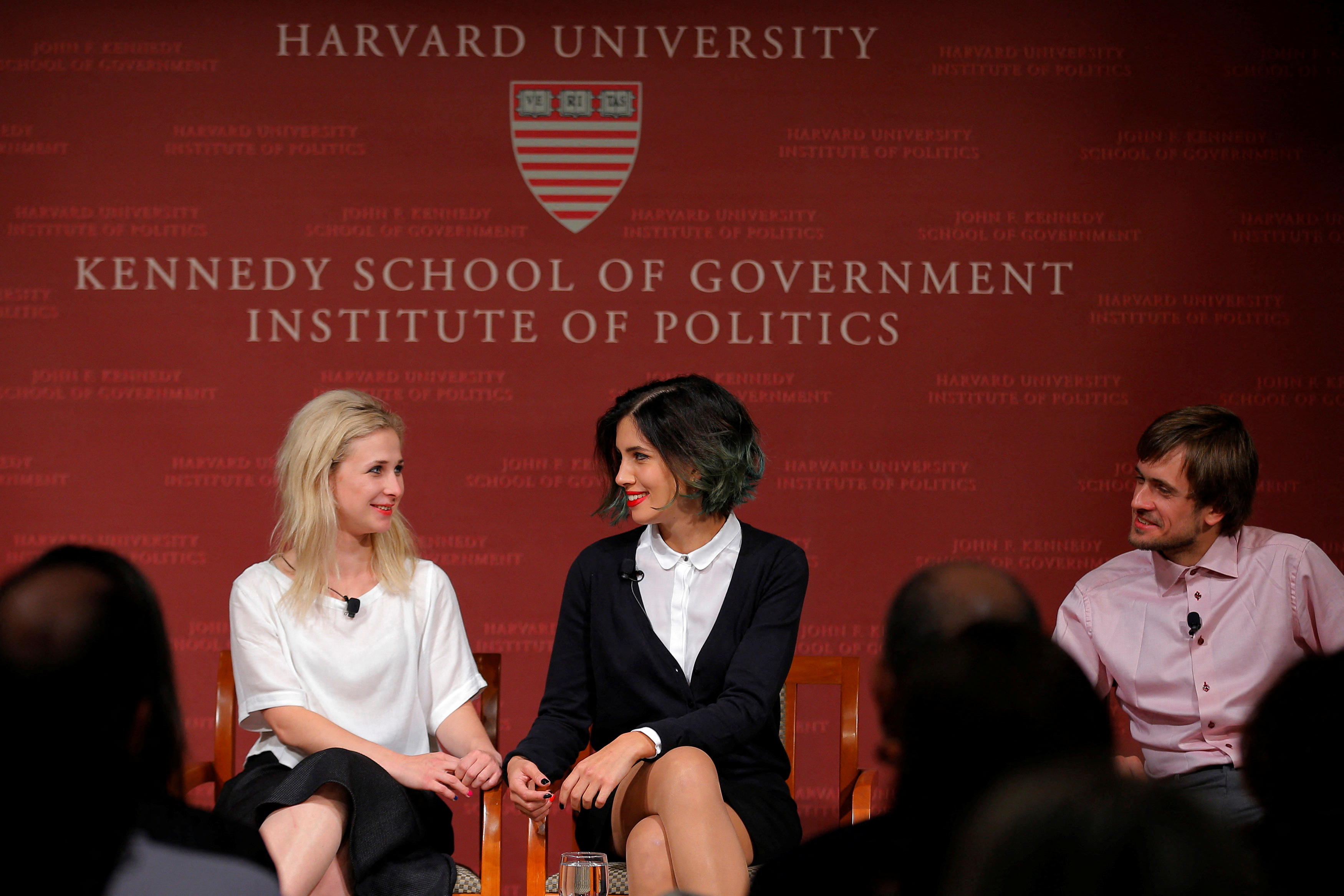 FILE PHOTO: Alyokhina and Tolokonnikova, members of the punk protest band Pussy Riot, attend a forum at the Kennedy School of Government at Harvard University in Cambridge