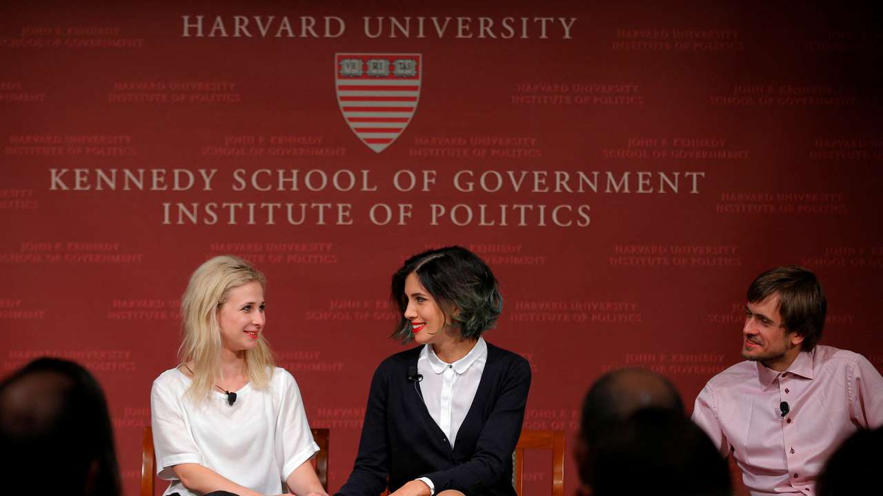 FILE PHOTO: Alyokhina and Tolokonnikova, members of the punk protest band Pussy Riot, attend a forum at the Kennedy School of Government at Harvard University in Cambridge