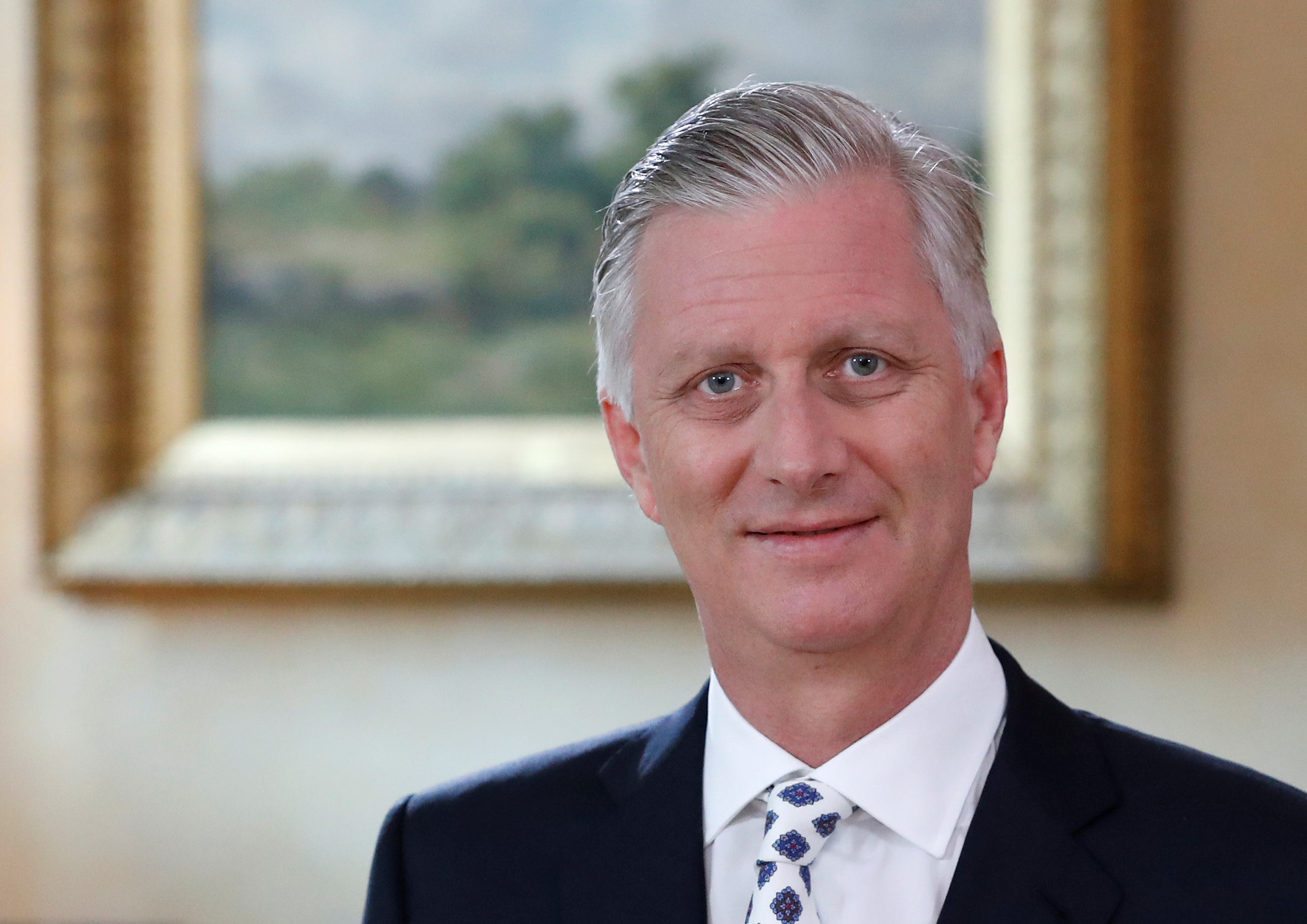Belgium's King Philippe delivers a speech on the occasion of the Belgian National Day at the Royal Palace in Brussels