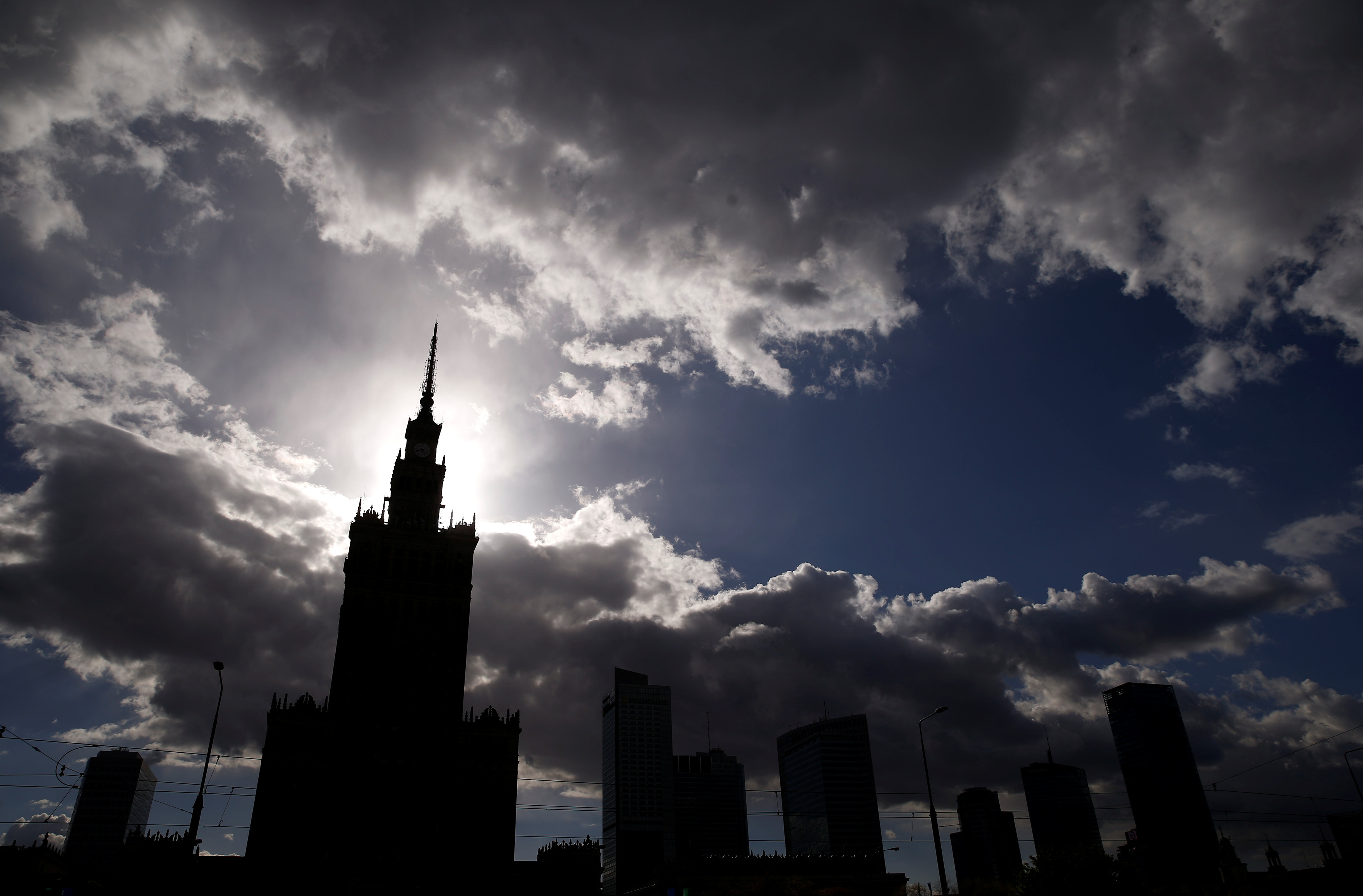 City skyline with Palace of Culture and Science is pictured in Warsaw