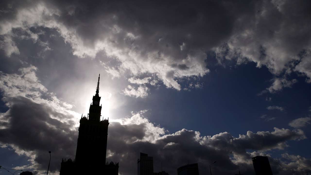 City skyline with Palace of Culture and Science is pictured in Warsaw